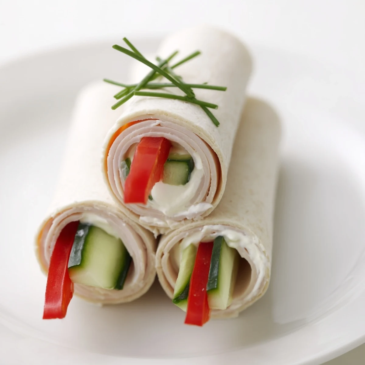 Stacked turkey roll-ups, filled with cream cheese and red pepper, ready for a healthy appetizer.