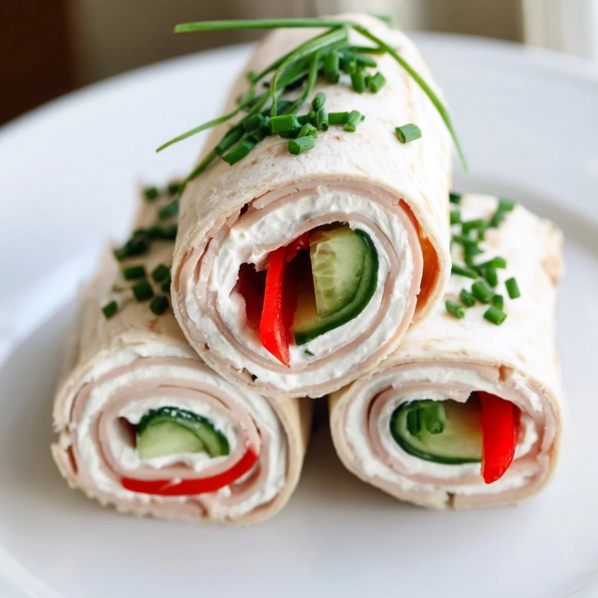 Beautiful arrangement of savory turkey roll-ups, a quick and easy party platter idea.