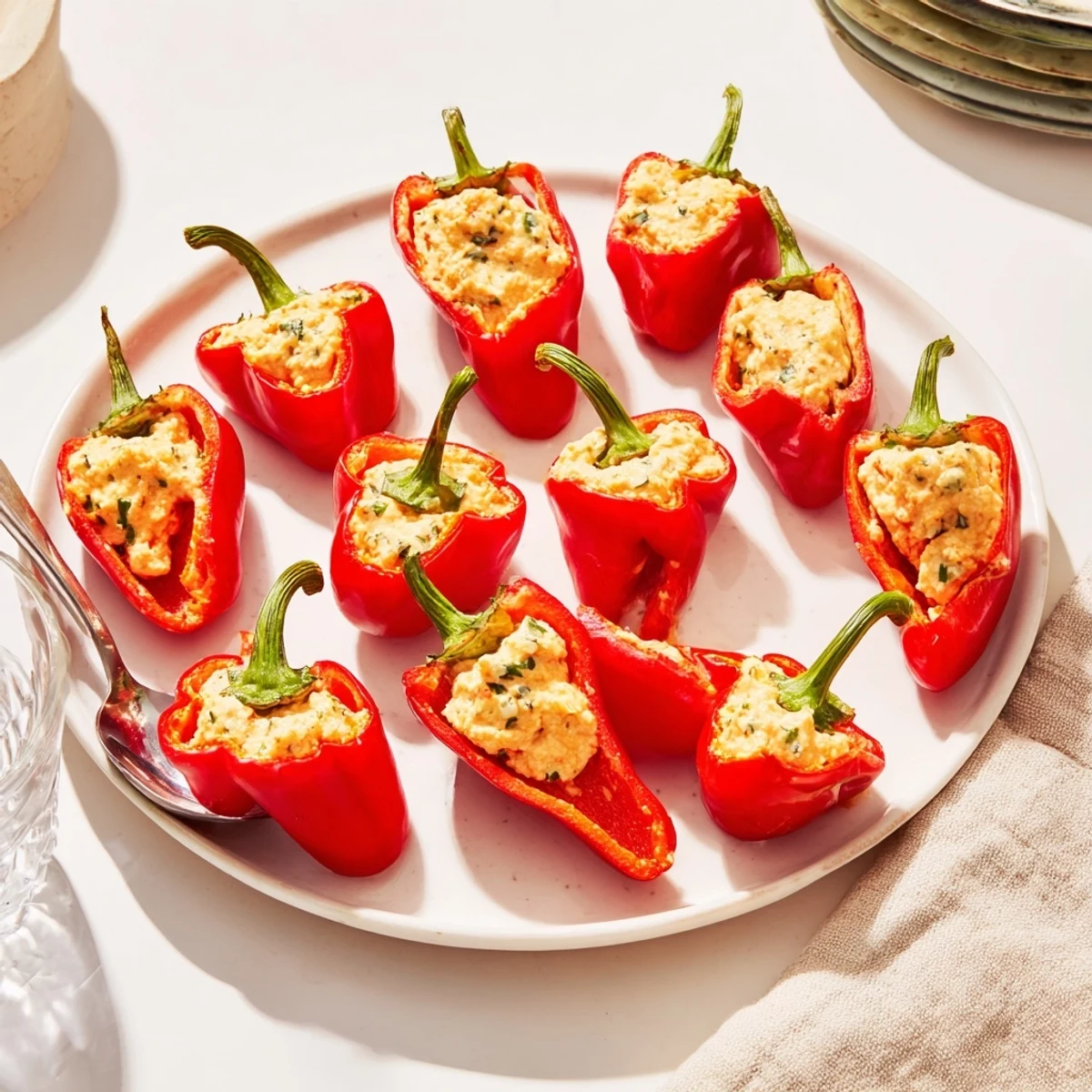 Mediterranean-style mini bell pepper halves with feta filling, featuring a colorful array of fresh, tasty vegetables.