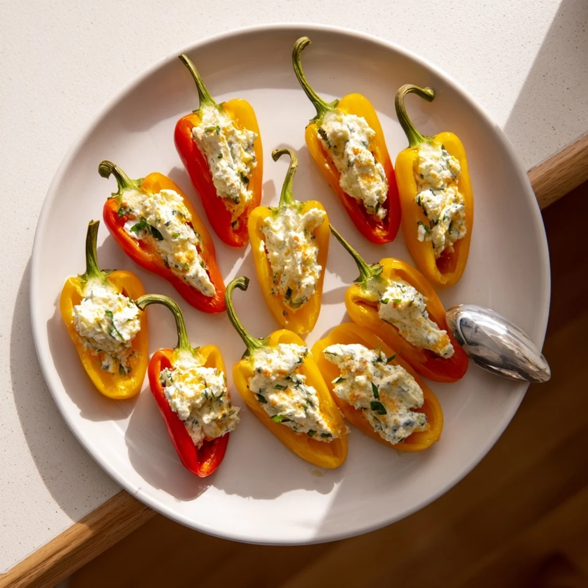 Beautifully arranged mini bell peppers with feta filling, a refreshing vegetarian appetizer drizzled with olive oil.