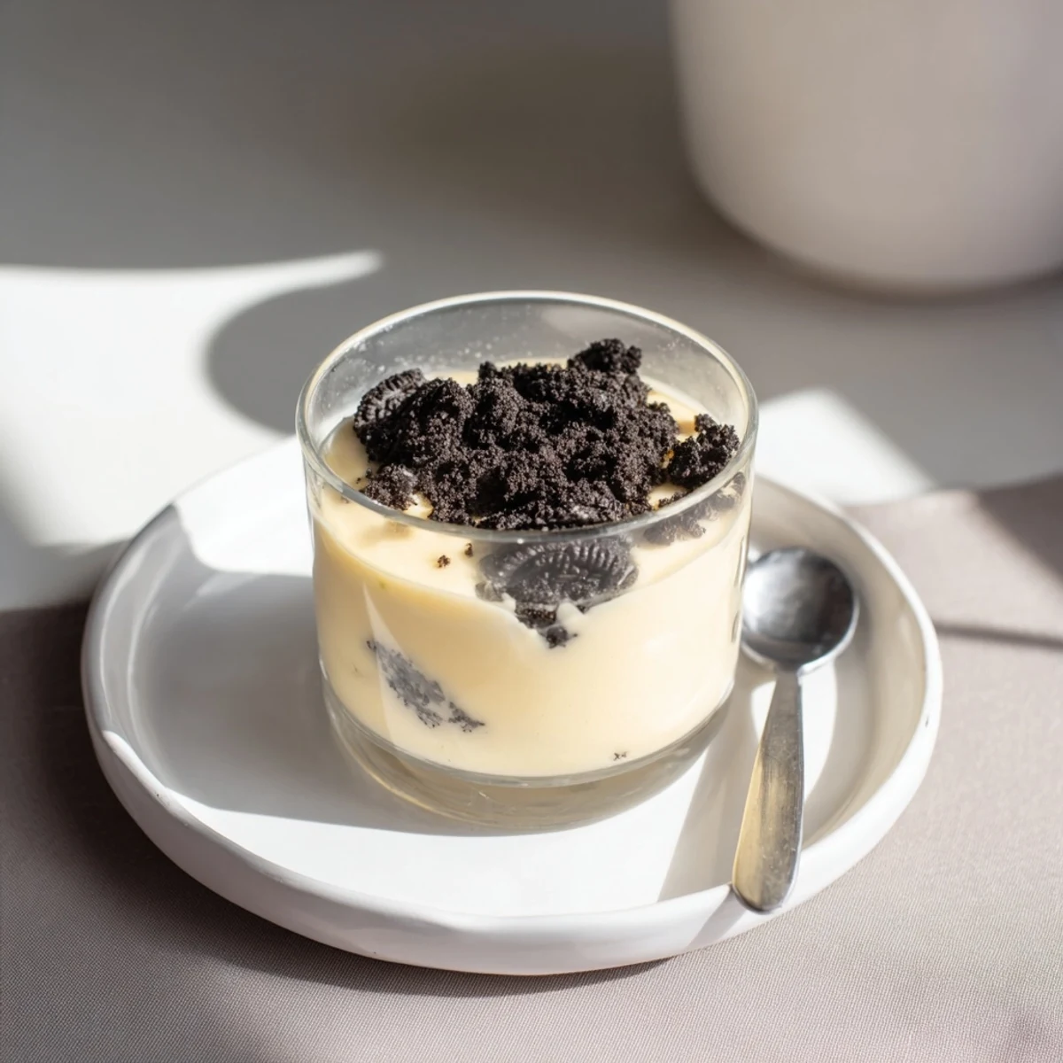 Creamy vanilla pudding with a crushed Oreo topping, a delightful dessert.