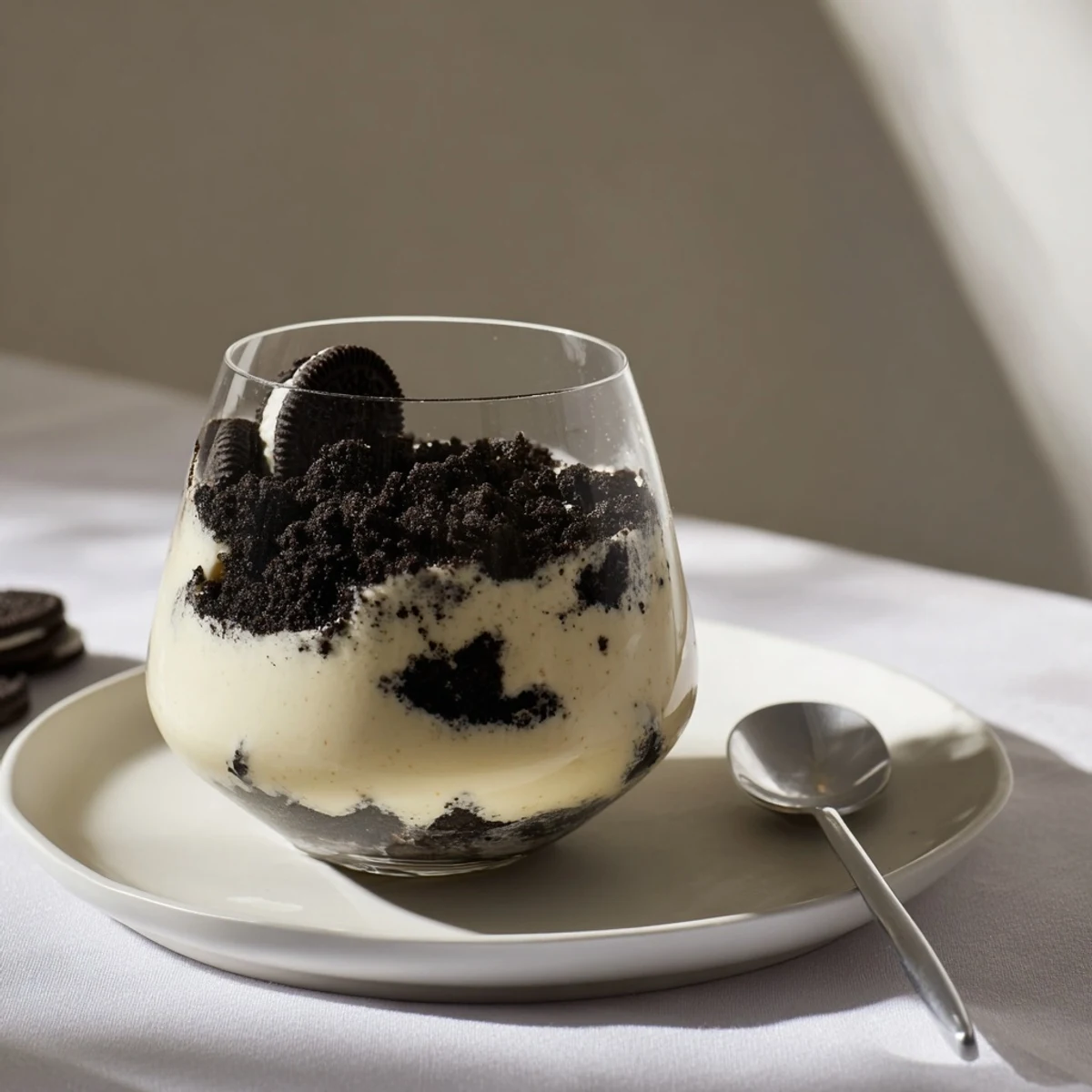 Close-up of vanilla pudding with Oreos, ready to eat, a simple comfort food.