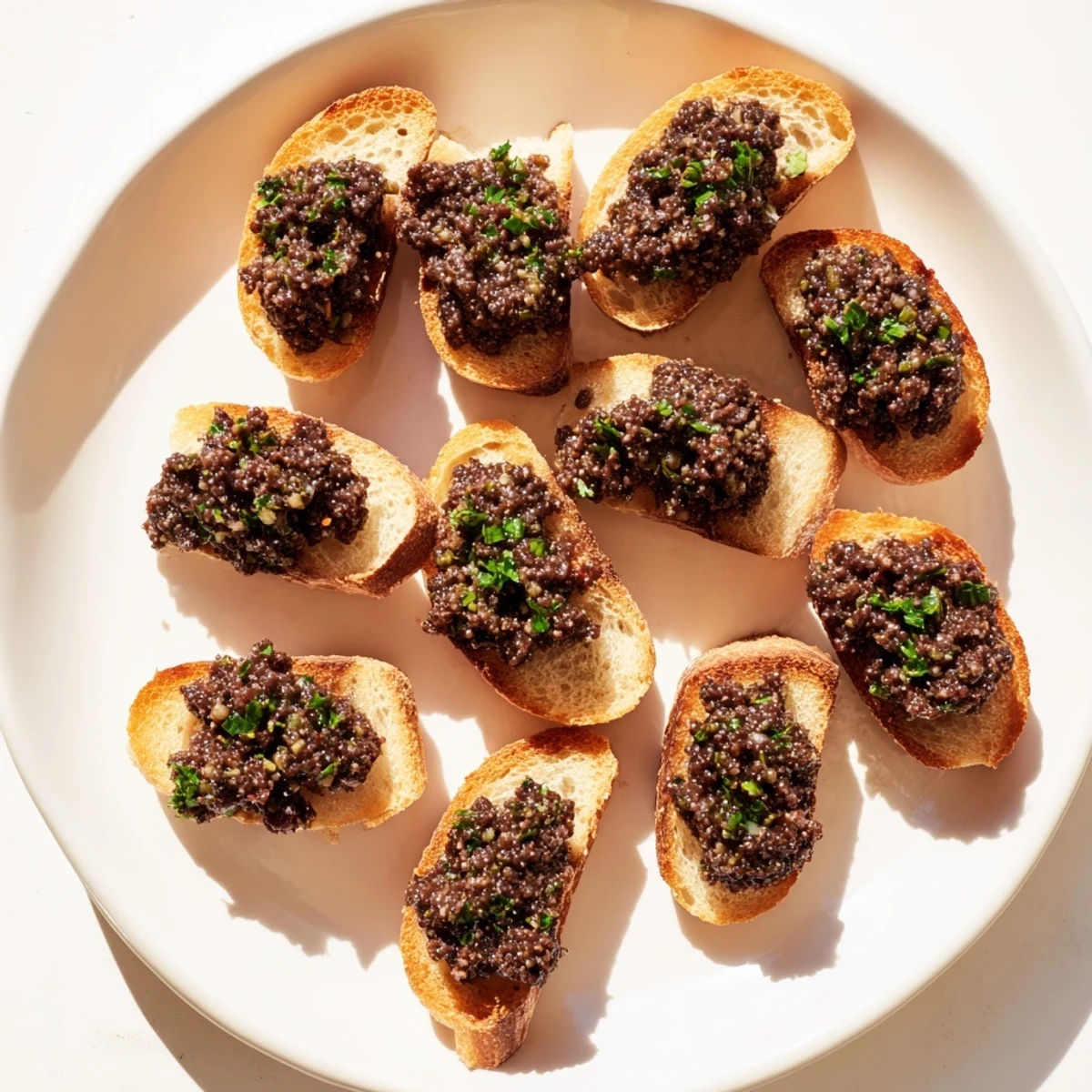 Savory black olive tapenade served over homemade crostini, a beautiful spread ready to enjoy.
