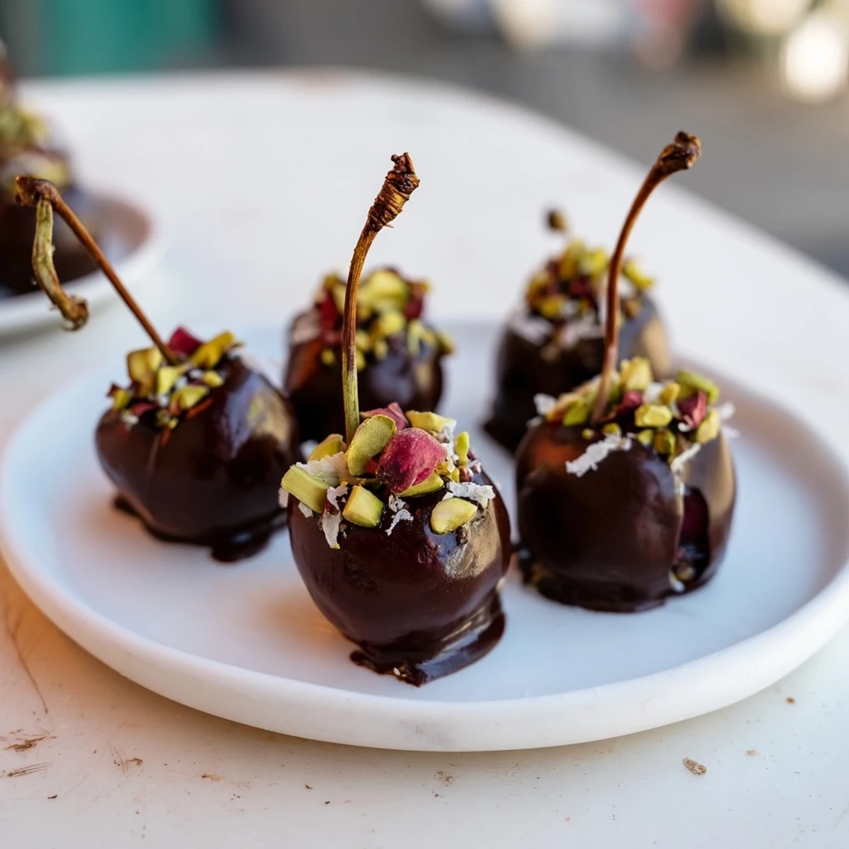 Pyramid of chocolate-covered cherry dessert bites glistens, awaiting a sweet, gourmet treat experience.