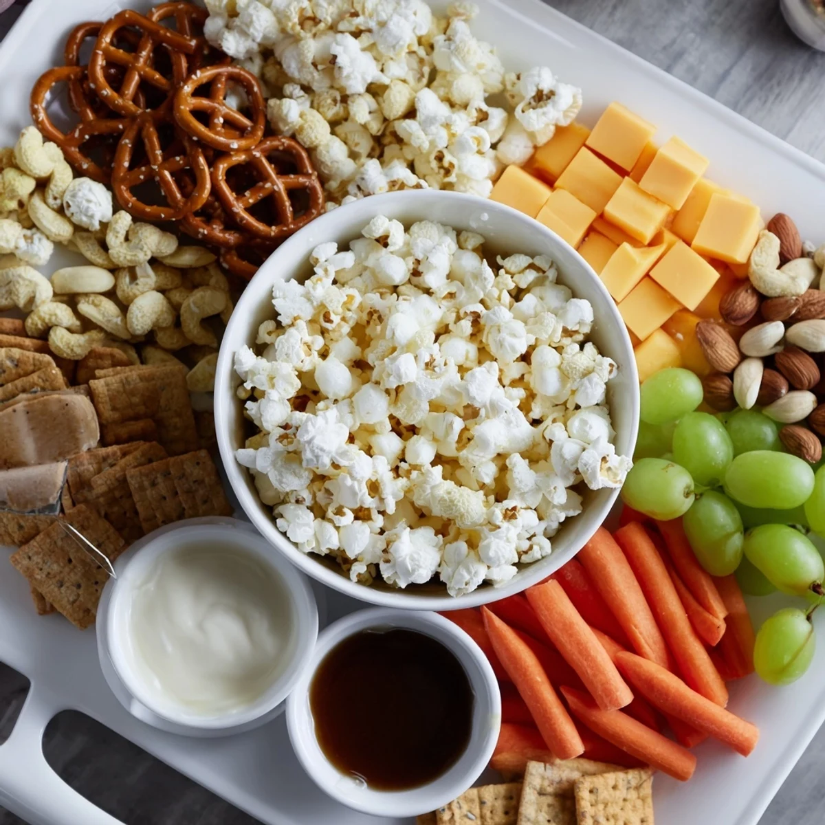 A colorful Movie Night Munchie Board featuring popcorn, candies, and an array of savory snacks.