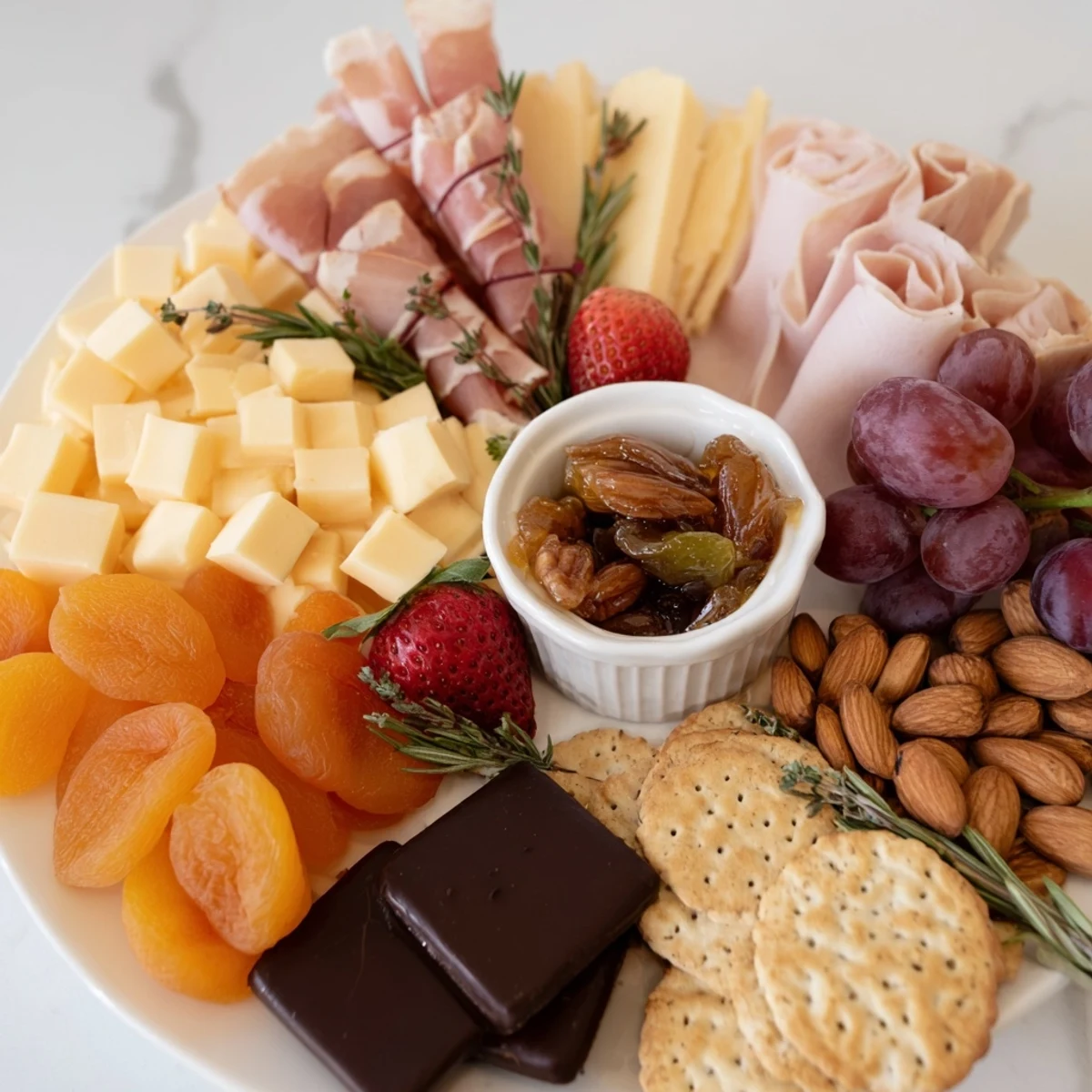 A beautifully arranged Anniversary Heirloom Arrangement with brie, prosciutto, and sweet strawberries.