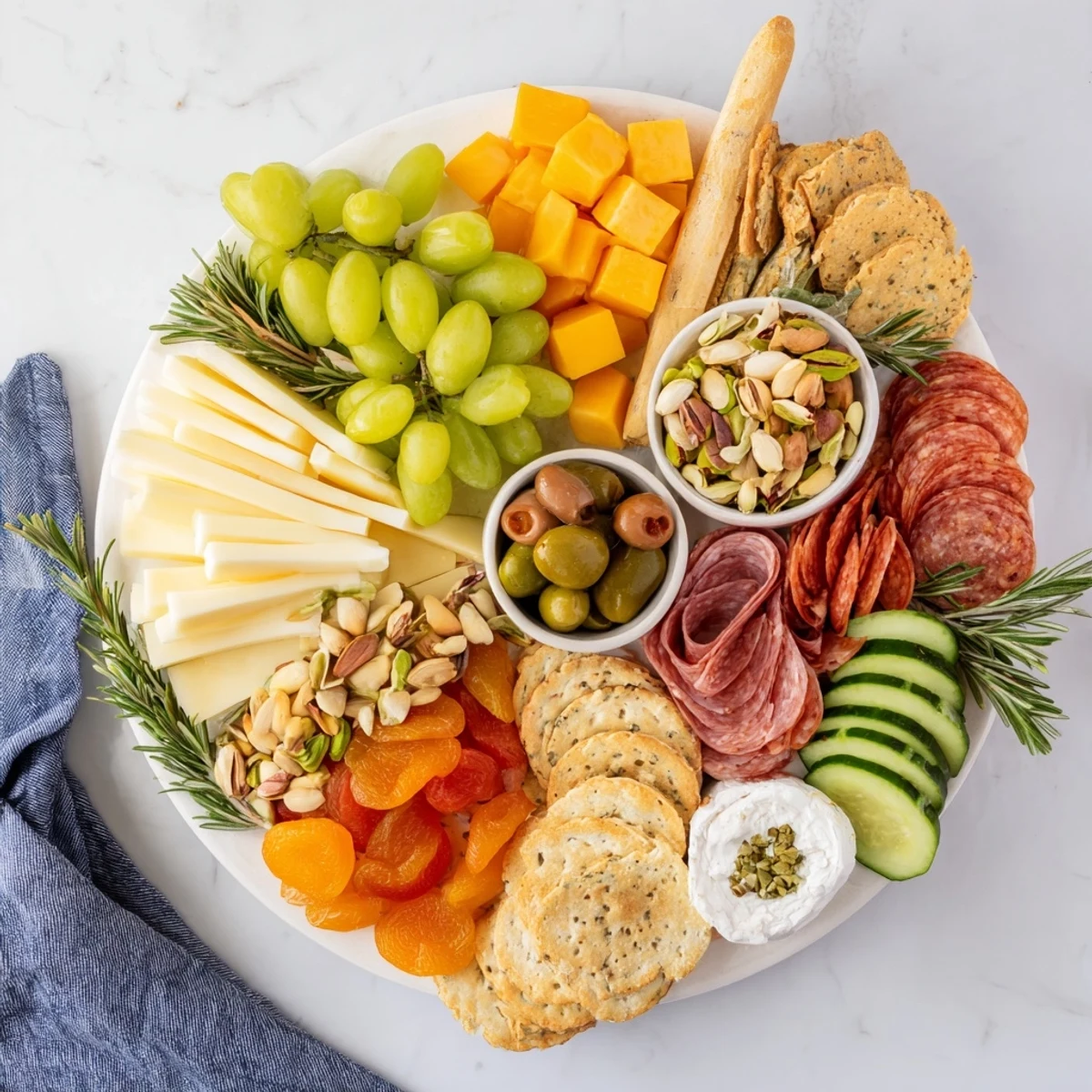 A Book Club Pairing Platter overflowing with colorful snacks, including grapes and artisanal cheeses, carefully arranged.