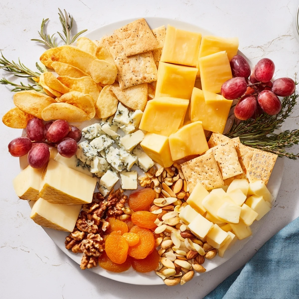A bountiful Housewarming Open House Spread with cheese, crackers, and fresh fruit, ready to serve guests.