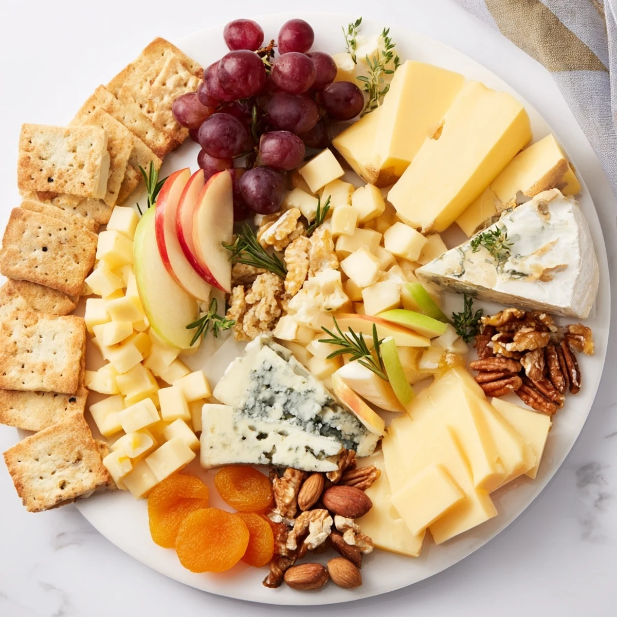 Inviting flat lay photo: a fully assembled Housewarming Open House Spread laden with cheeses and tasty components.