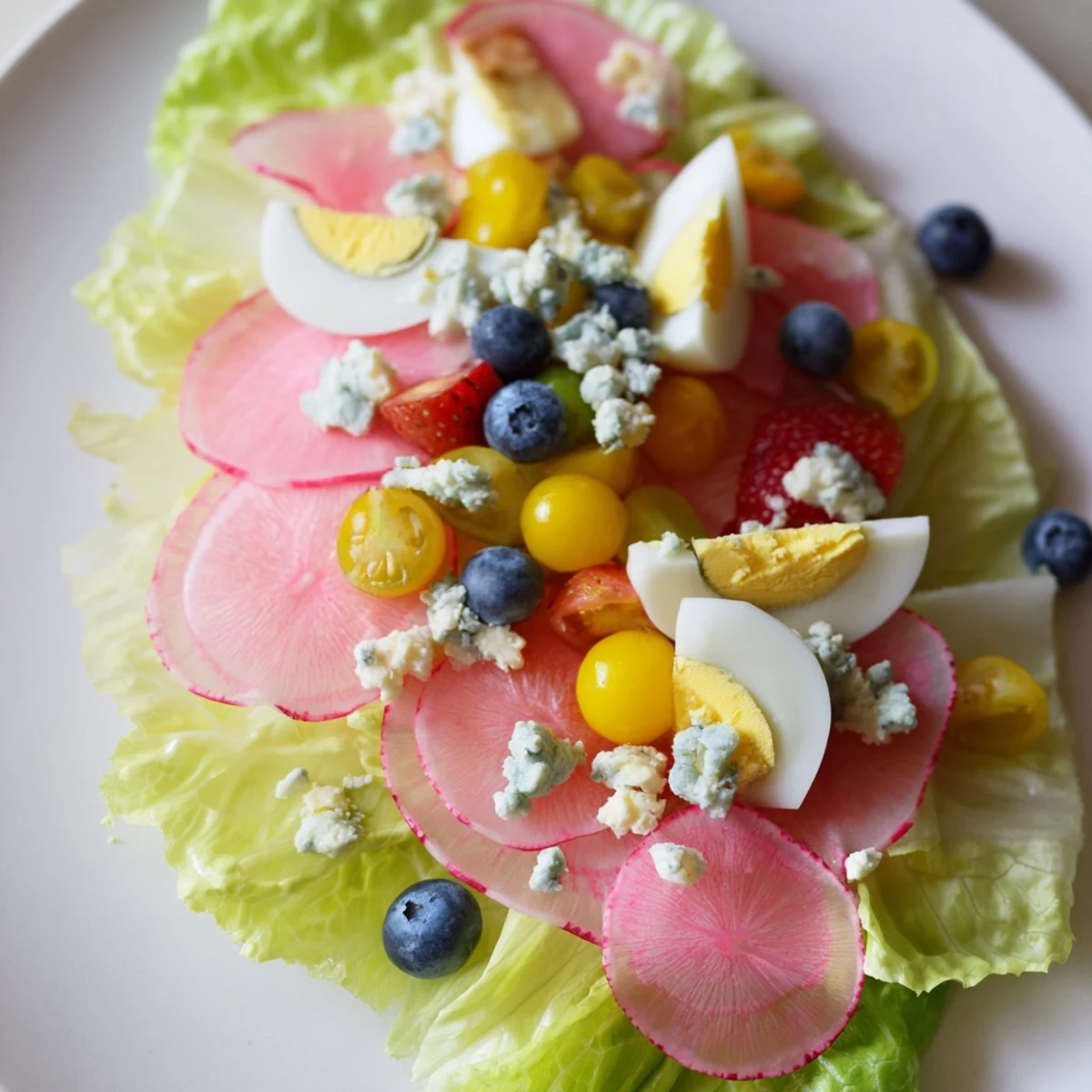 Vibrant Baby Shower Pastel Palette Salad photo featuring pink grapefruit, yellow tomatoes, and fresh blueberries on greens.