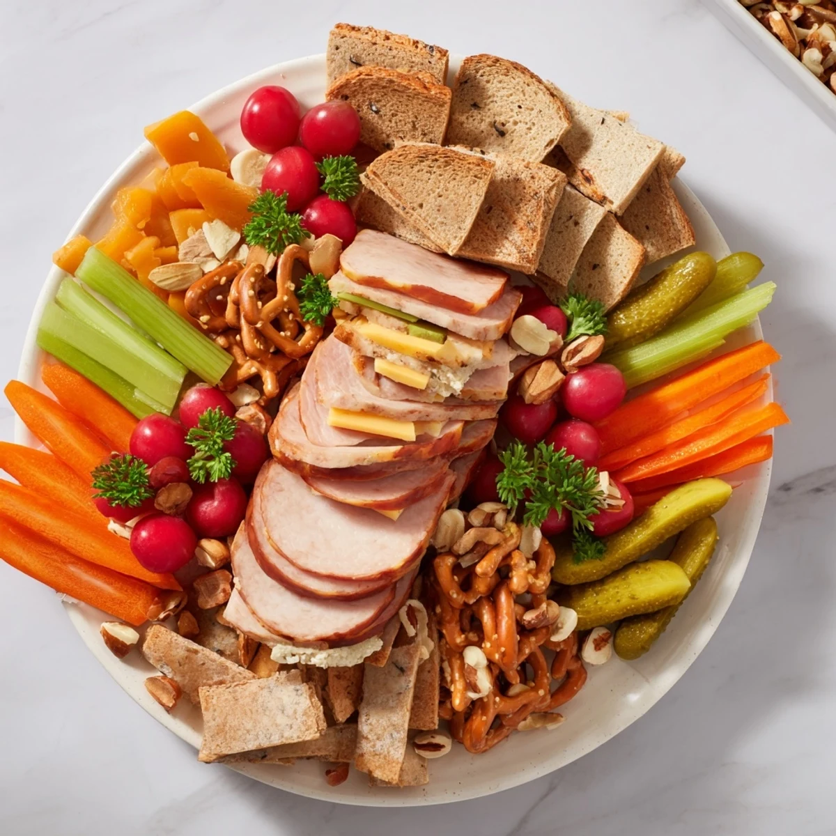 A loaded Tailgate Party Power Stack with savory meats, cheeses, and crispy crackers, perfect for sharing.