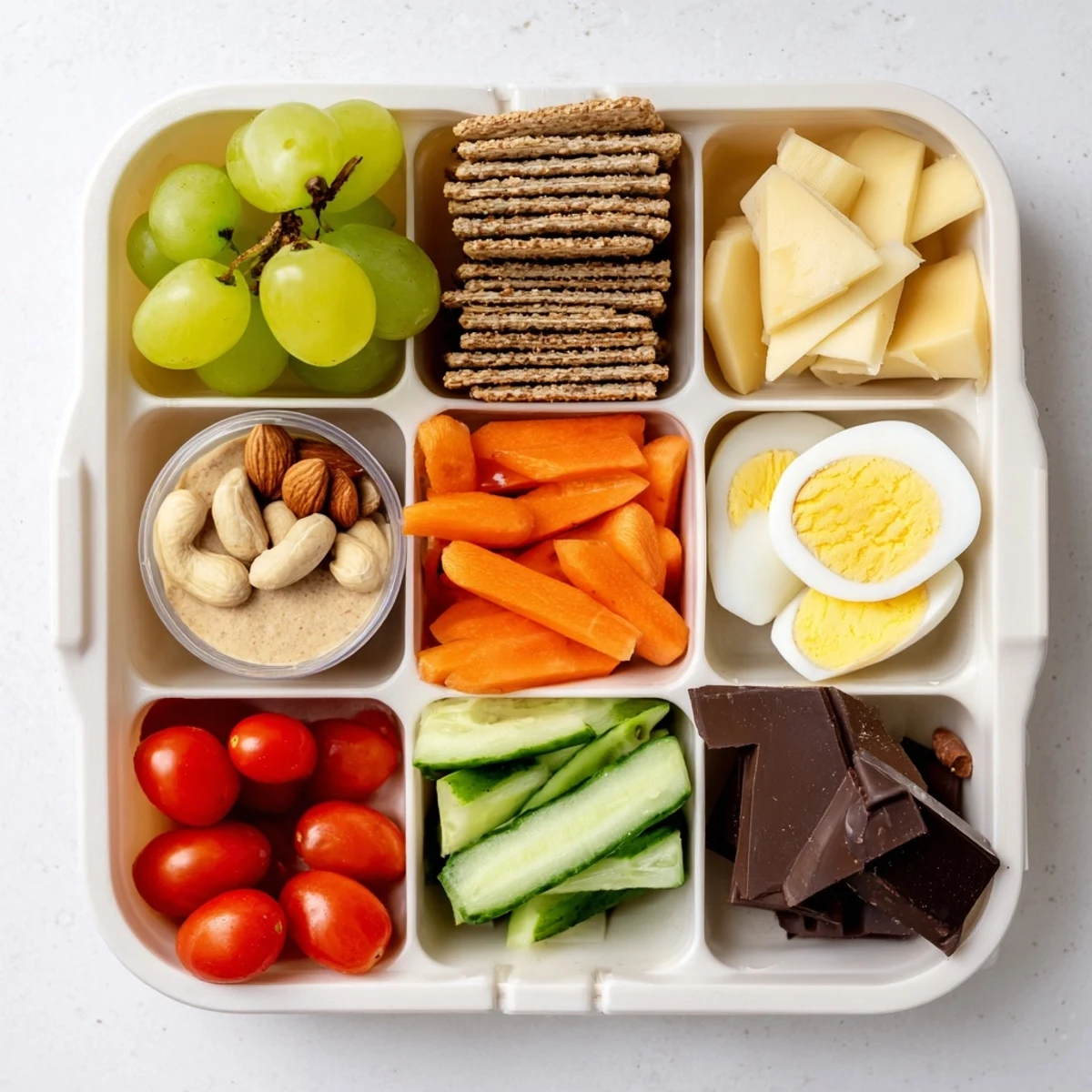 A vibrant, appetizing Road Trip Snack Box filled with colorful fruit, cheese, and crunchy snacks.