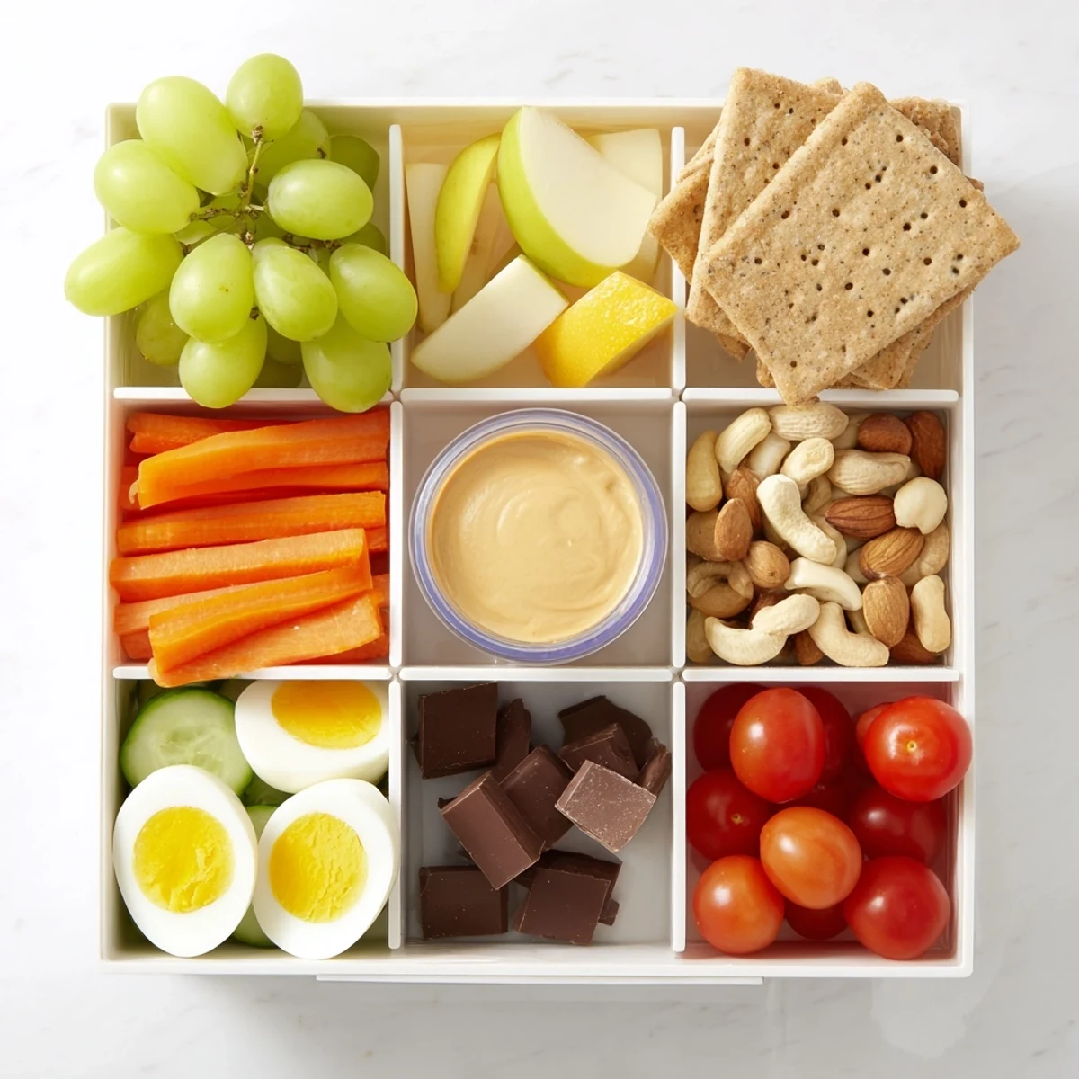 See a close-up of a neatly packed Road Trip Snack Box, perfect for a refreshing, mess-free trip.