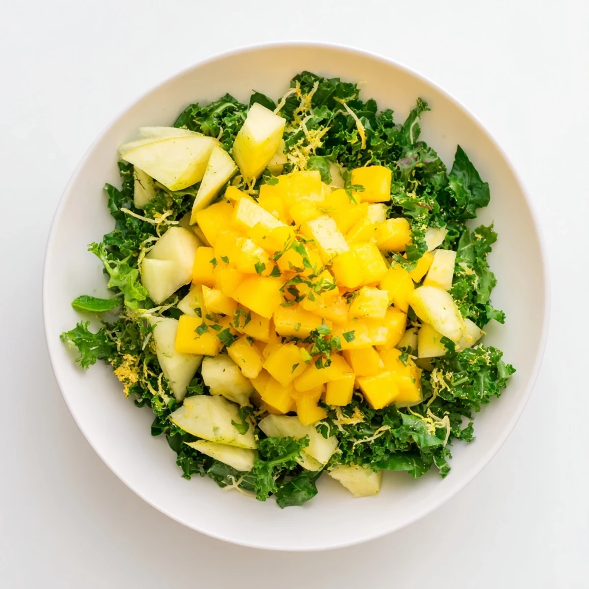 Fresh, vegan "Sunlit Glade" salad with juicy mango, pineapple, and a colorful herb garden.