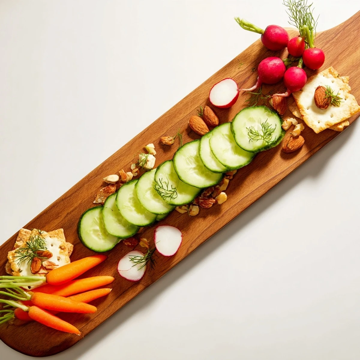 A visually balanced "Zen Balance" appetizer features colorful vegetables mirroring each other attractively on a long board.