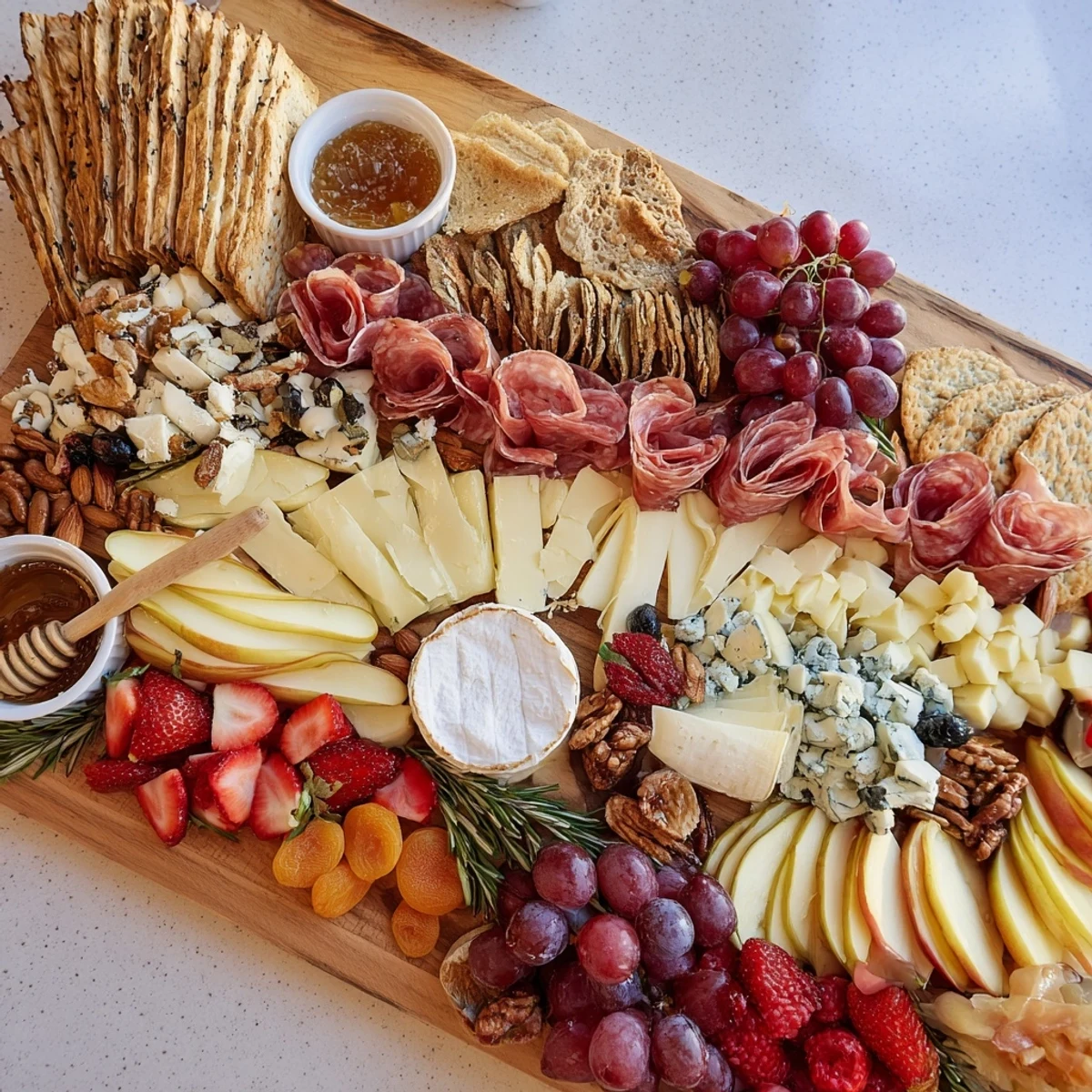 A bountiful Waterfall Edge Grazing Board offers various flavors; imagine the Brie and salami spilling over.