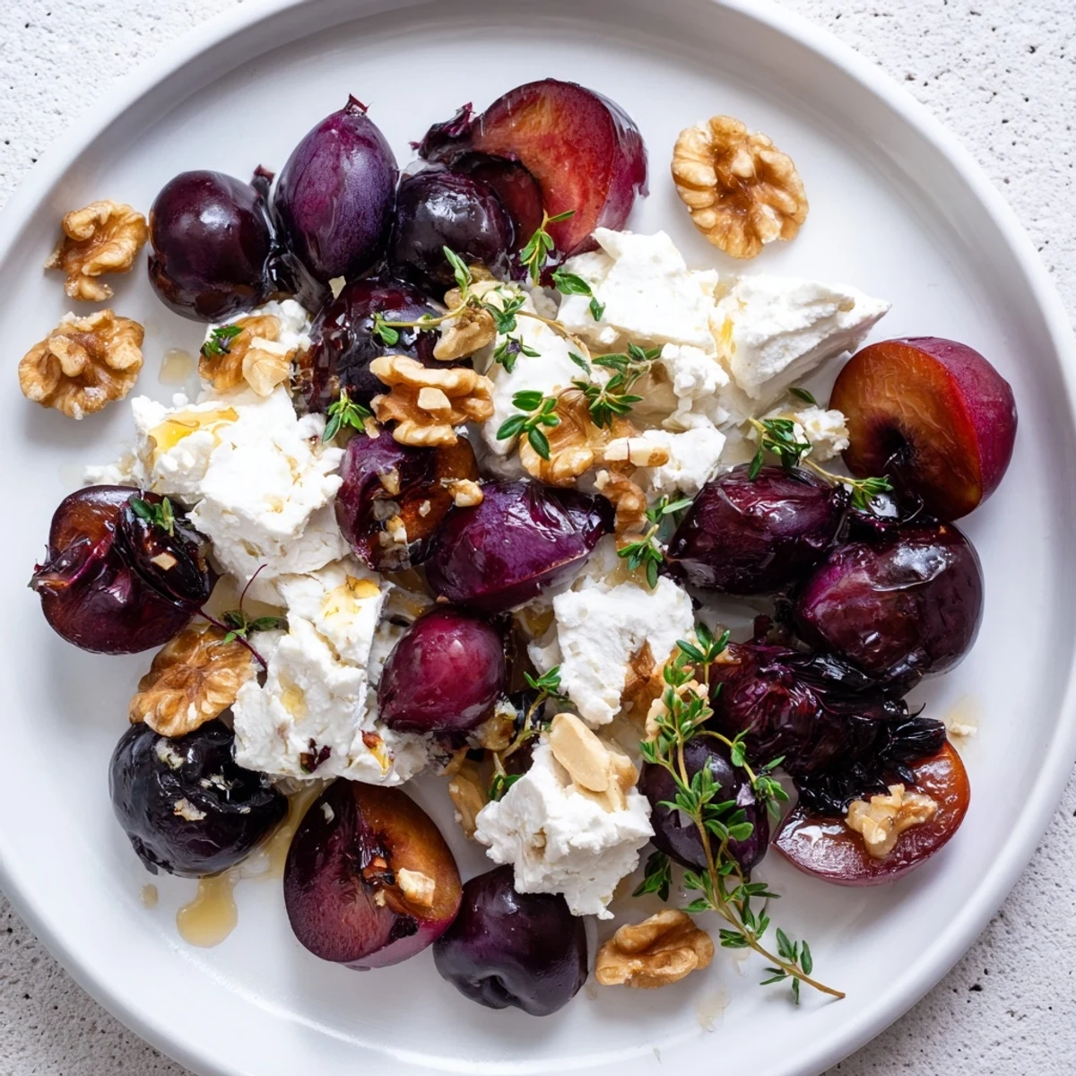 Plate of The Midnight Orchard showcasing dark fruits and goat cheese, garnished with thyme.
