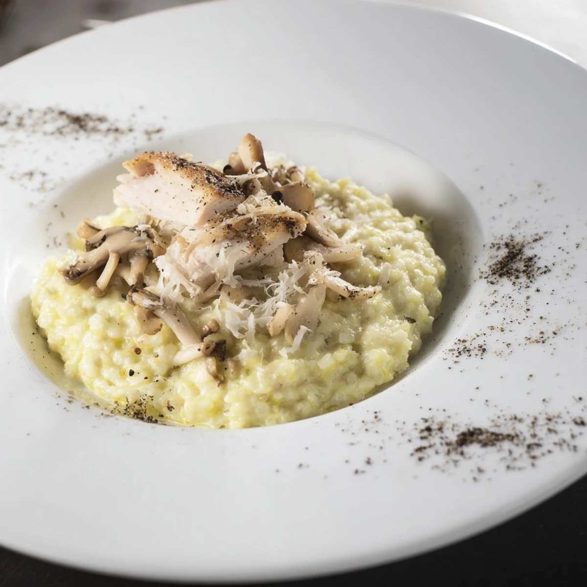 The Ghostly Gala features creamy cauliflower purée, poached chicken, and sautéed mushrooms, beautifully plated.
