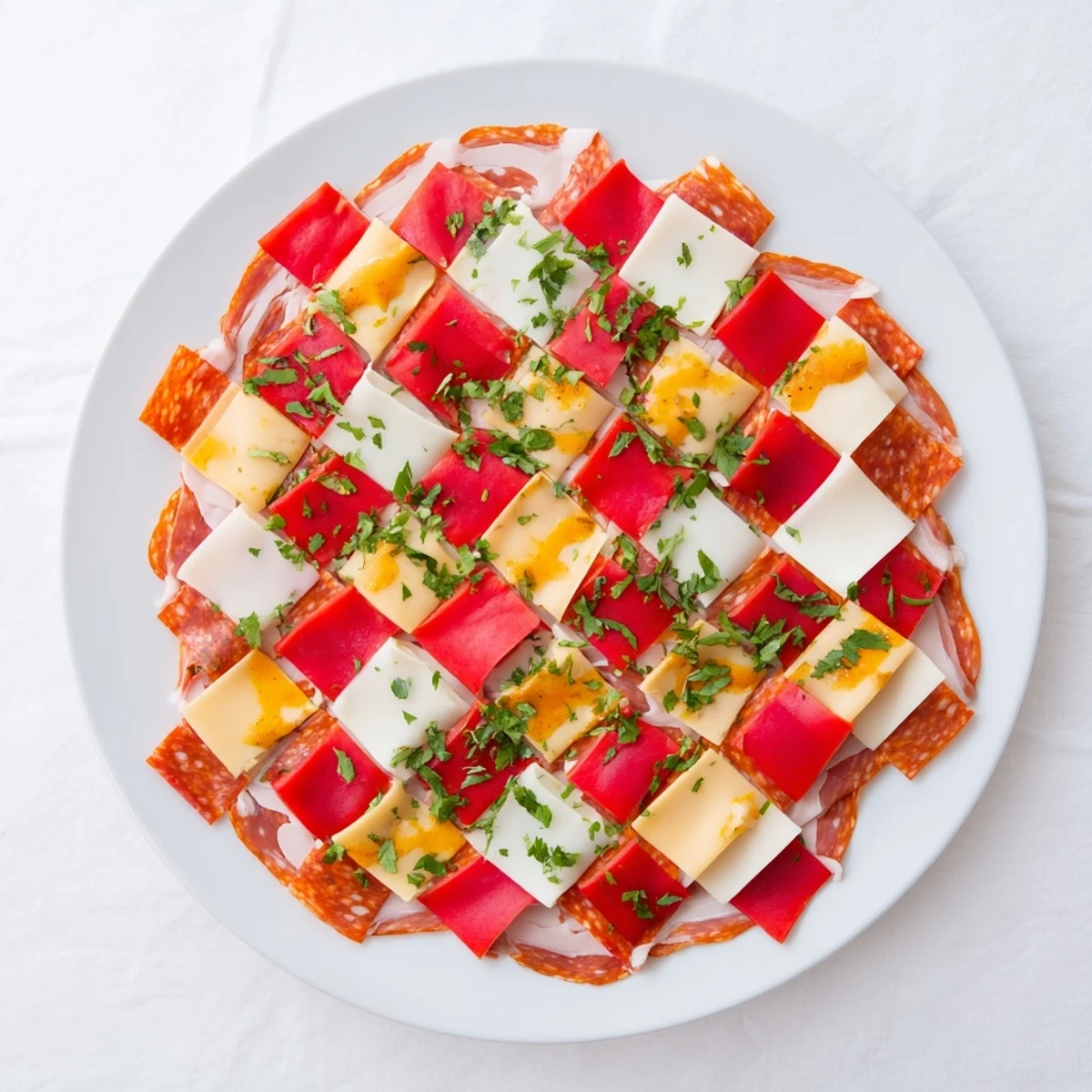 Colorful *Patchwork Quilt* appetizer creation: Sliced meats and cheeses artfully arranged with mustard quilt lines.