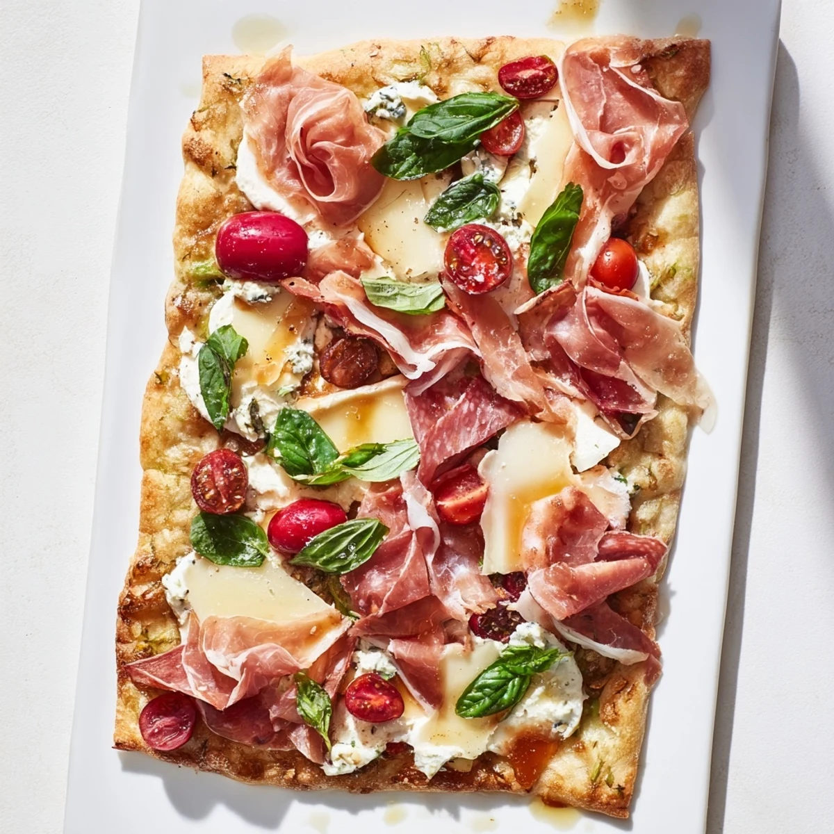 A delightful, shareable Rustic Raft: flatbreads layered with meats, cheeses, and colorful garnishes.