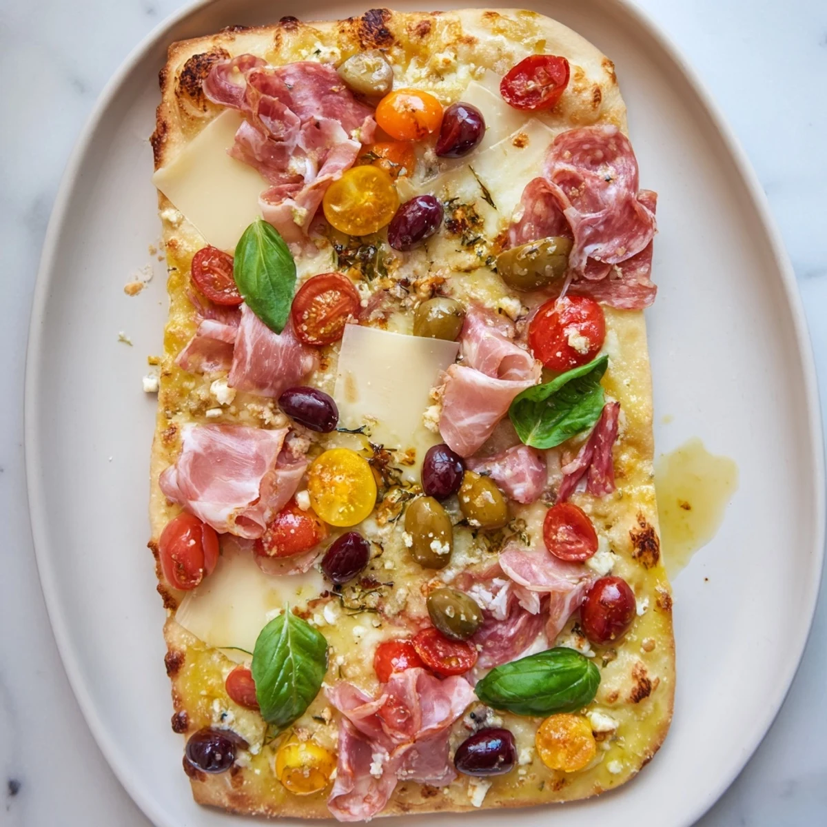 Perfect for parties: A Rustic Raft appetizer with a variety of meats, olives, and fresh basil, ready to serve.