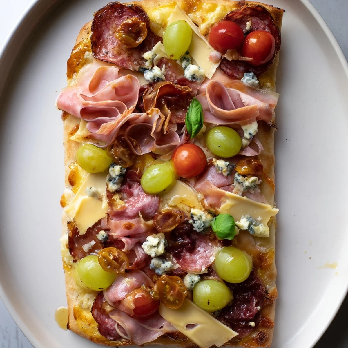 Savory Rustic Raft appetizer, loaded with sliced salami, prosciutto, and cheeses atop golden flatbread.