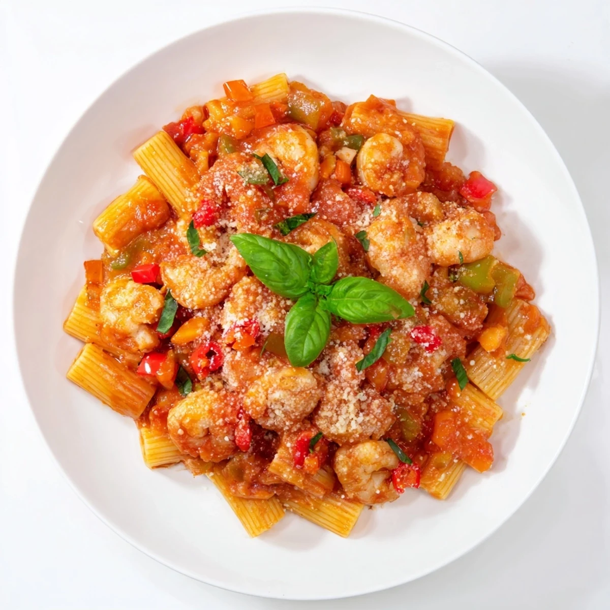 Steaming hot One-Pot Diavola Pasta filled with shrimp and chicken in a rich, red sauce, ready to serve.