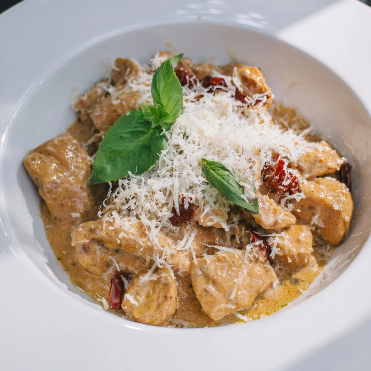 Marry Me Chicken with Parmesan Snow: Golden chicken breasts bathed in creamy tomato sauce, beautifully topped with Parmesan "snow."