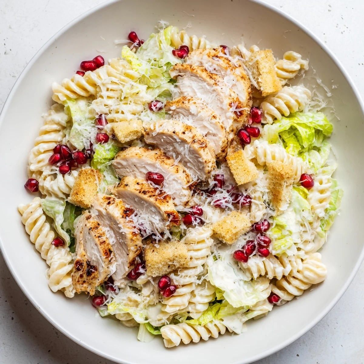 Chicken Caesar Pasta with pomegranate, showcasing tender grilled chicken, juicy pom seeds, and creamy dressing.