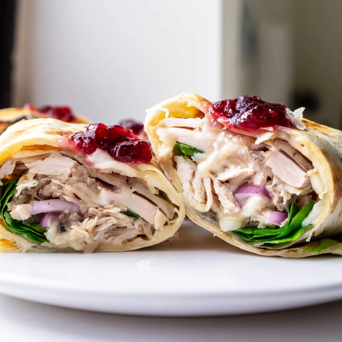 Warm, melty slices of the savory Chicken and Brie Holiday Wrap, ready for a delicious lunch.