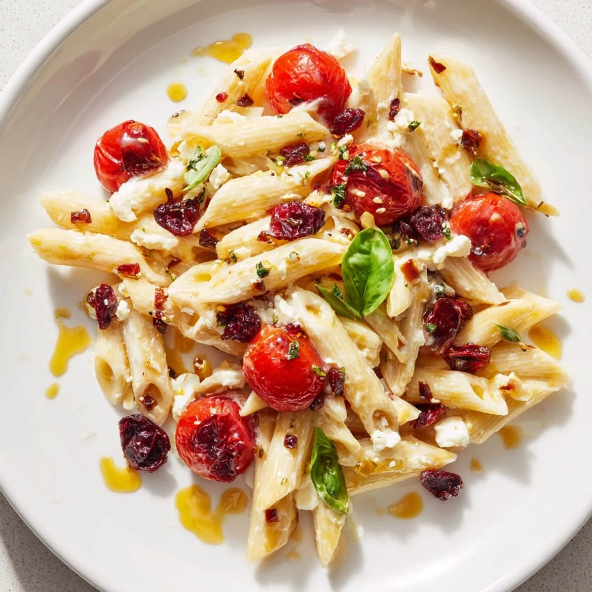 Creamy baked feta pasta with jewel-toned cranberries, ready to serve and enjoy.