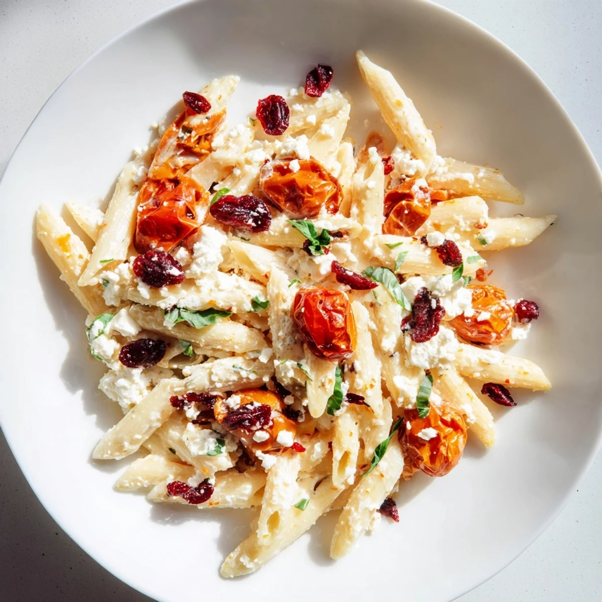 A warm bowl of baked feta pasta, with sweet honey and vibrant cranberry accents.