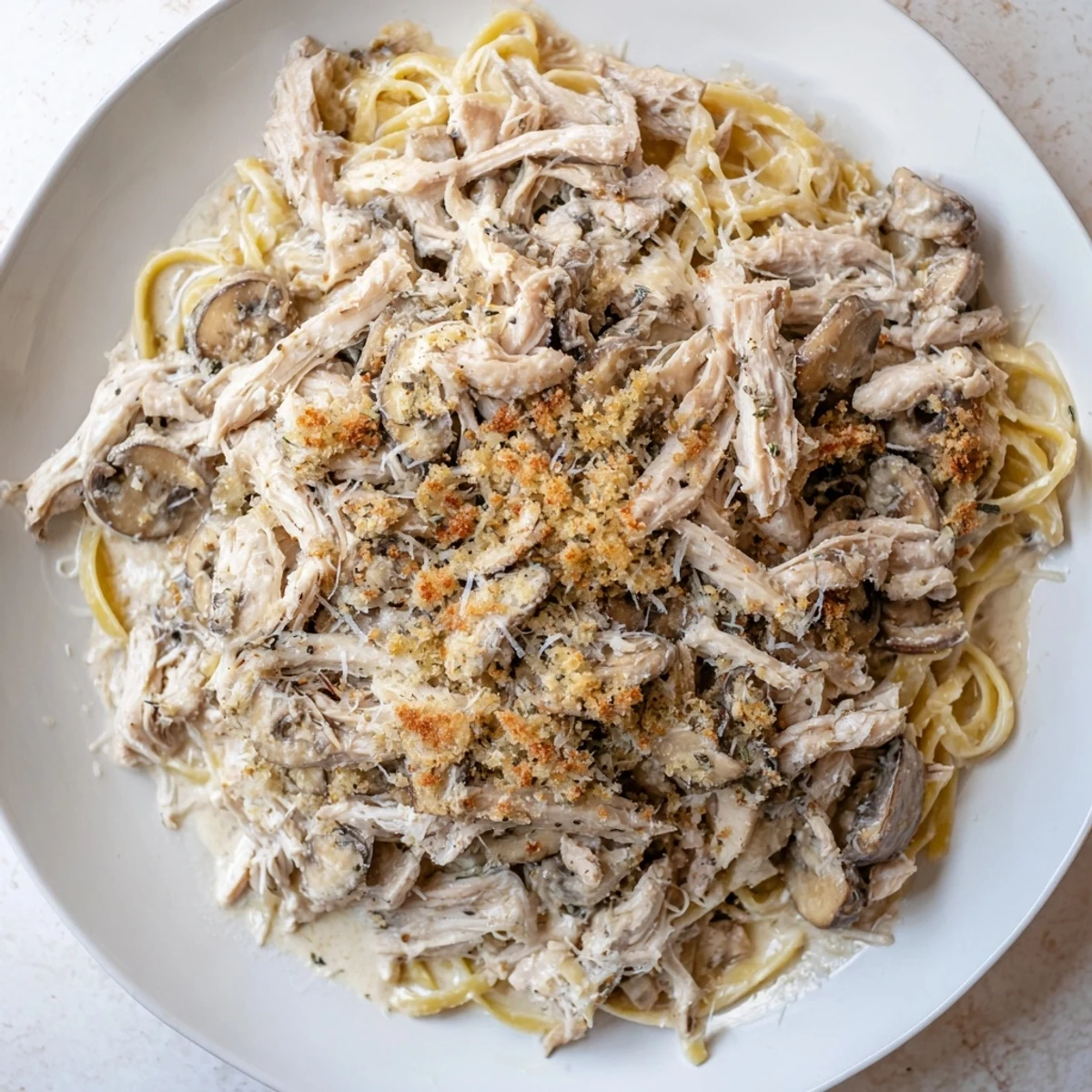 Creamy Turkey Tetrazzini with golden crust; a warm casserole filled with tender turkey and pasta.