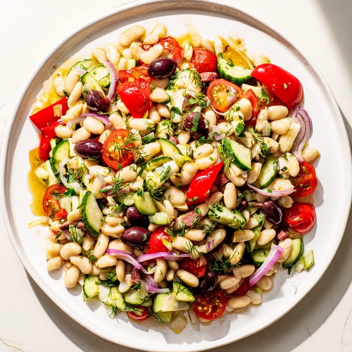 A hearty, chilled dense bean salad with prosciutto, showcasing fresh herbs and a zesty dressing.