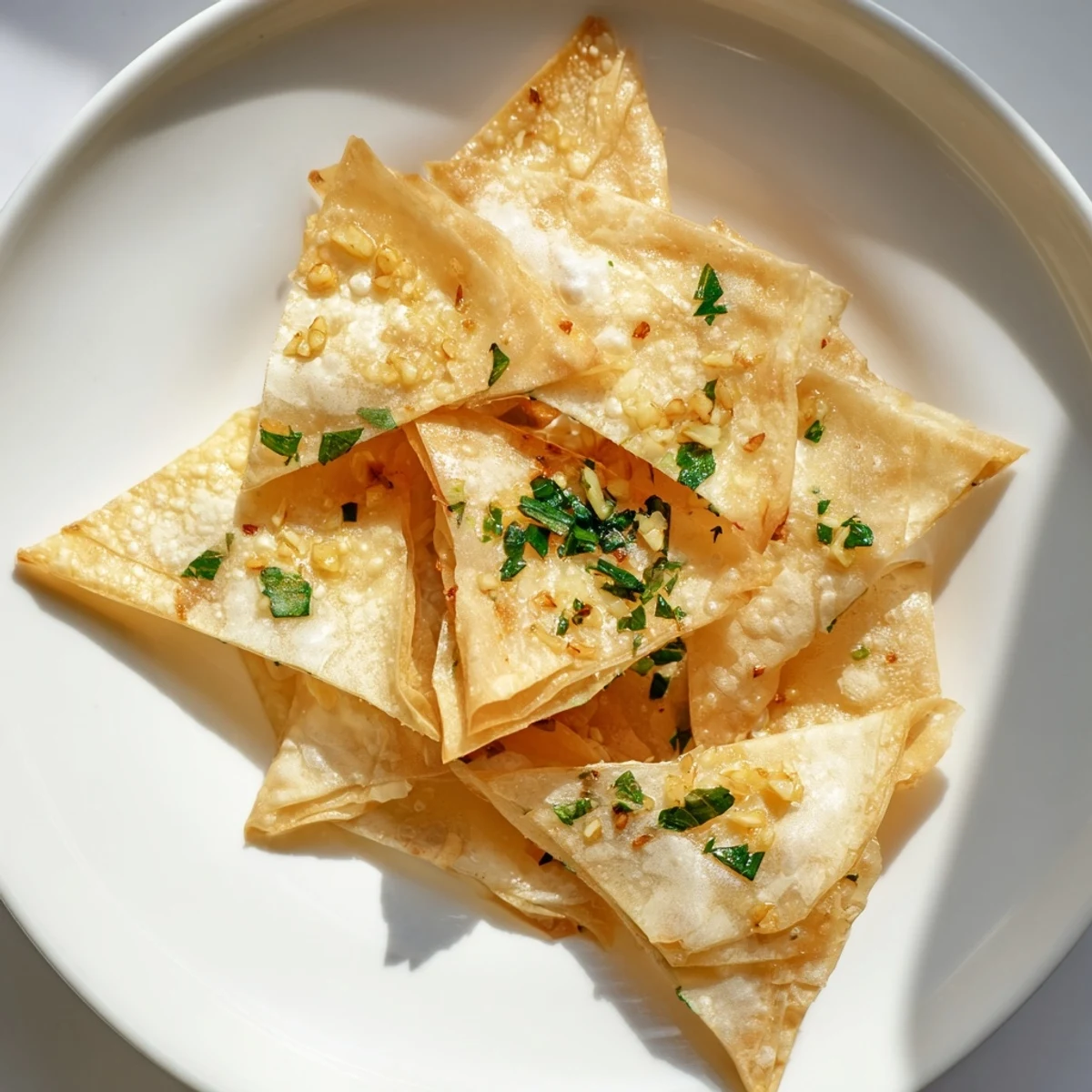 Golden, crispy garlic lumpia chips ready to serve, a flavorful snack for everyone to enjoy.