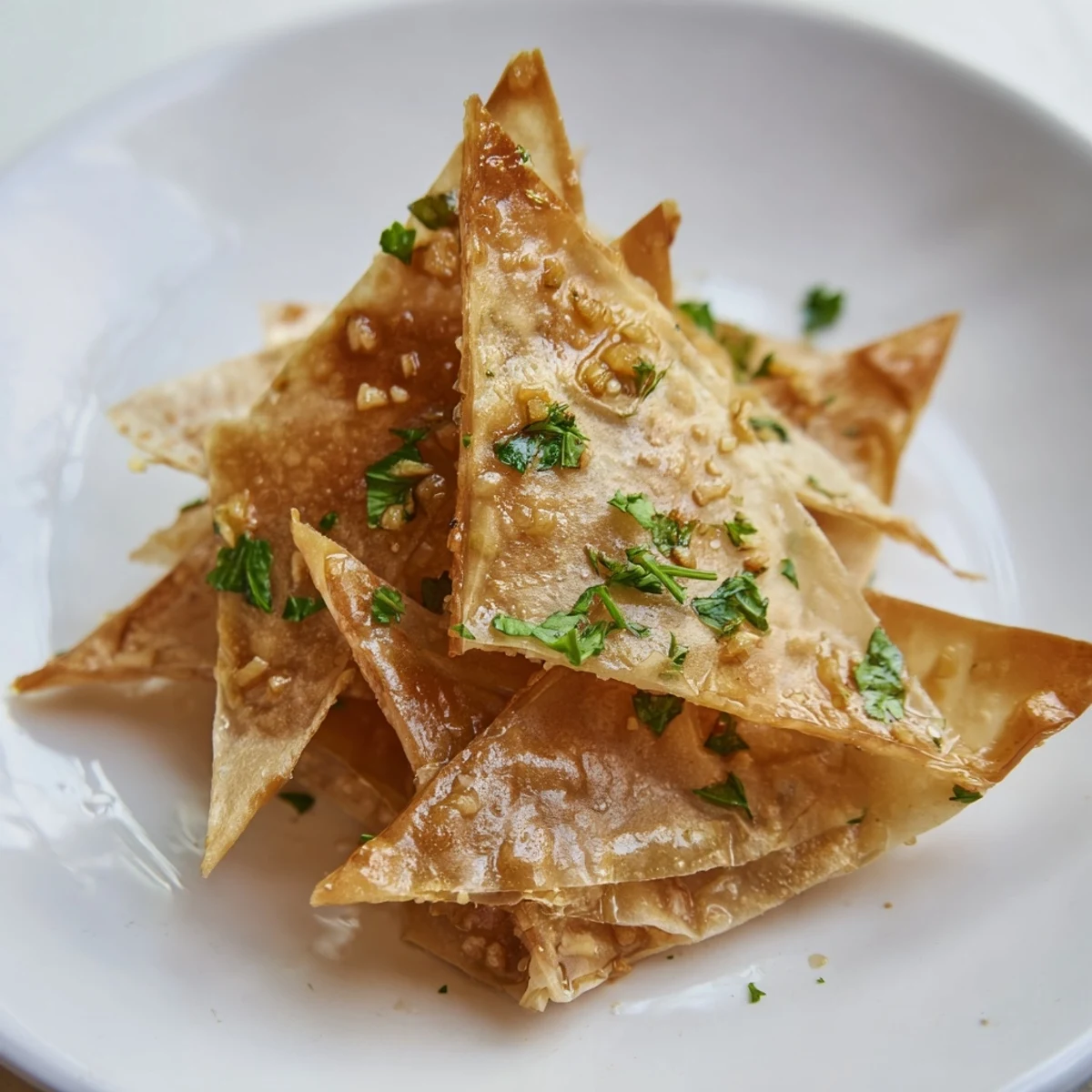 Deliciously seasoned garlic lumpia chips, a vegan snack bursting with savory flavor and texture.
