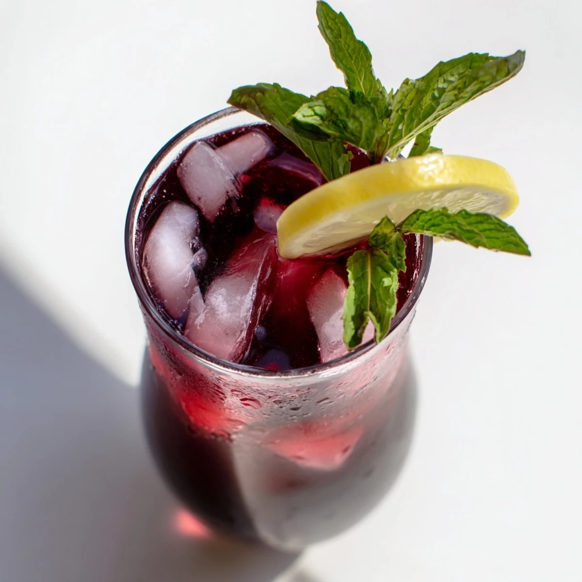 A chilled glass of Sleepy Girl Cherry Mocktail, garnished with mint and lemon, refreshing.