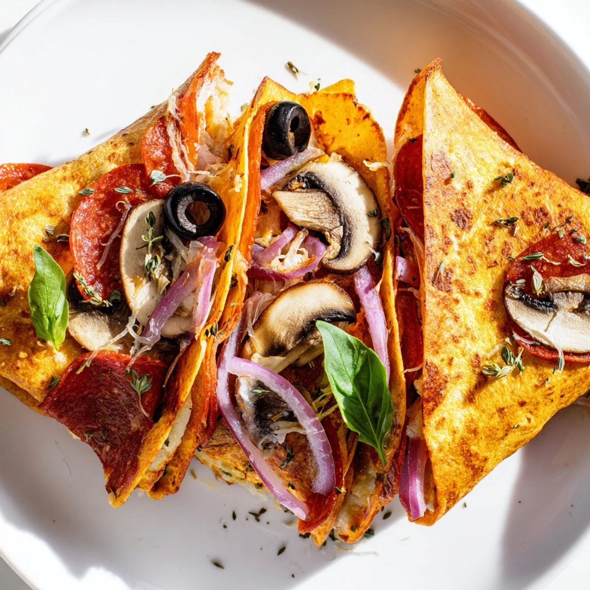 Golden, melty Cheesy Tortilla Pizza Wrap filled with pepperoni, olives, and bubbling mozzarella cheese.