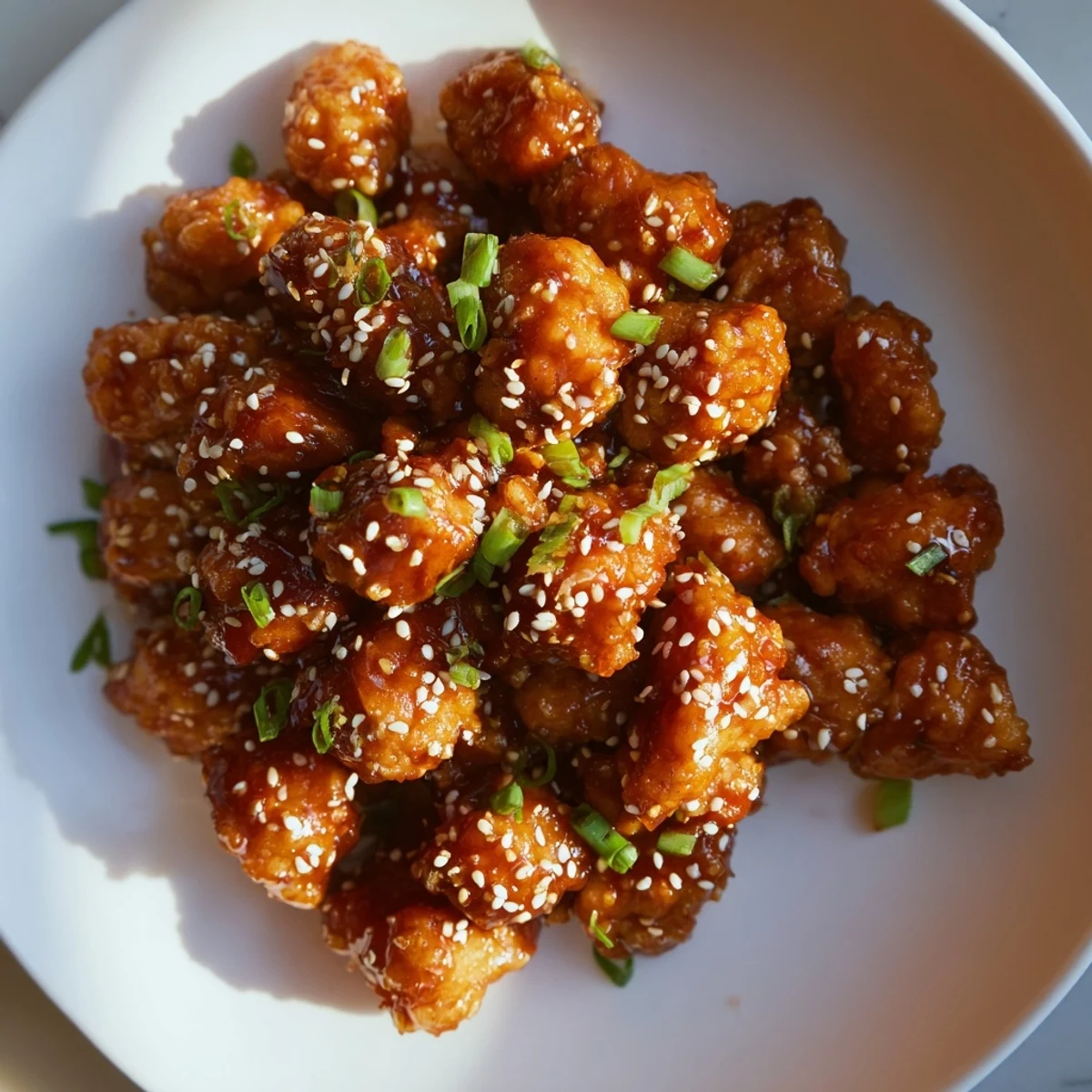 Crispy Honey-Sriracha Chicken Bites glistening from a spicy-sweet glaze, ready to serve and enjoy.