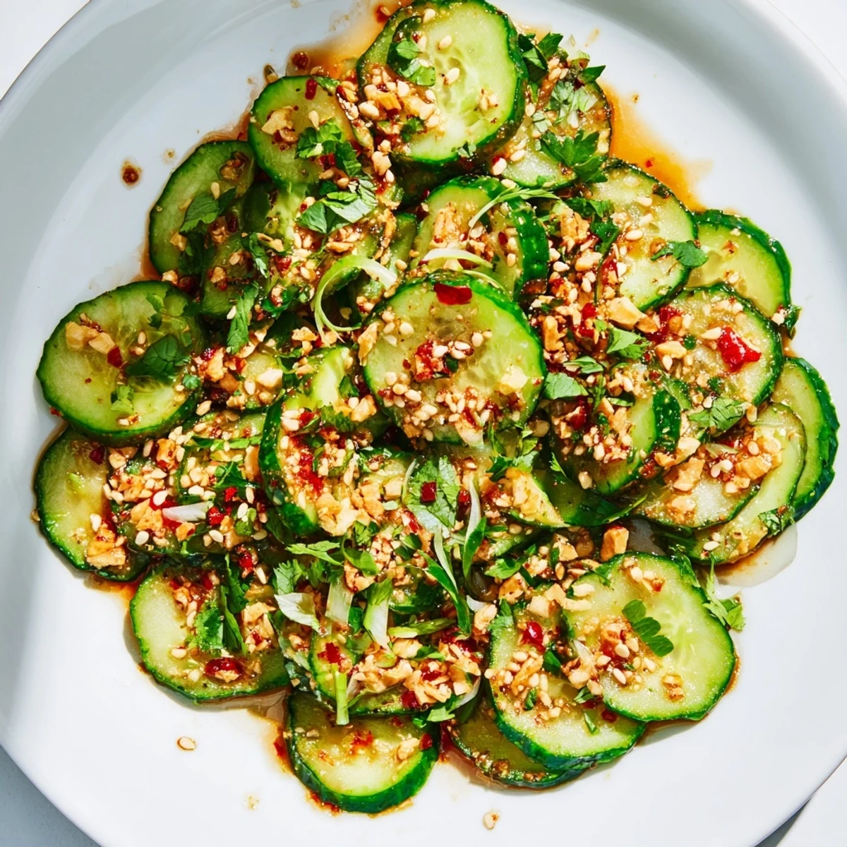 Vibrant Tangy shaken Asian-style Cucumber Salad: Crispy cucumbers tossed in a bright, savory, and sweet dressing.