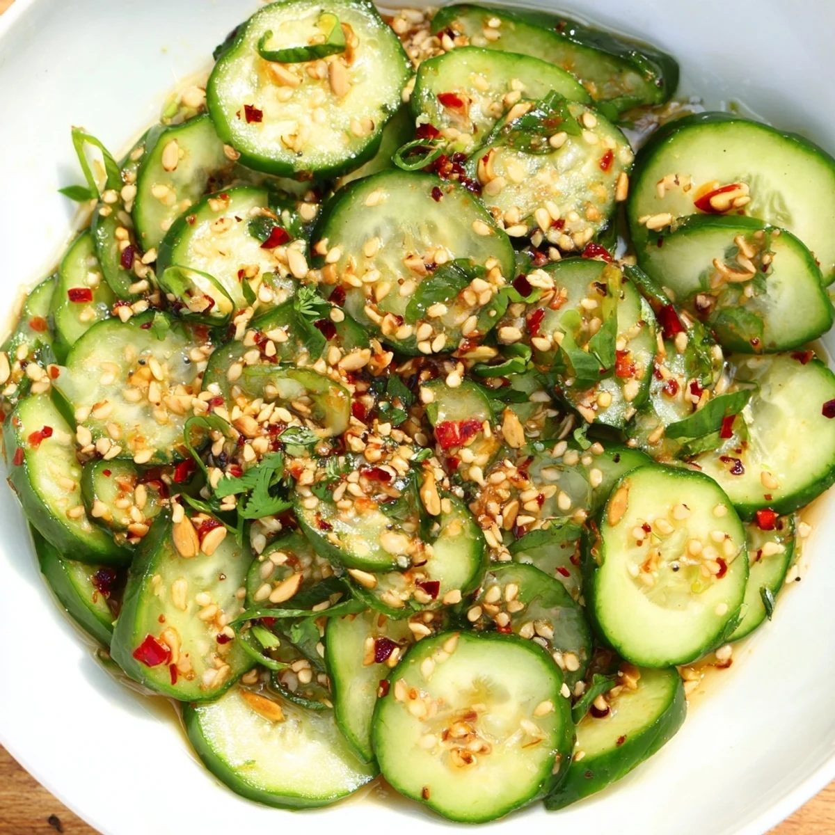 A bowl of delicious Tangy shaken Asian-style Cucumber Salad, bursting with fresh flavors and topped with cilantro.