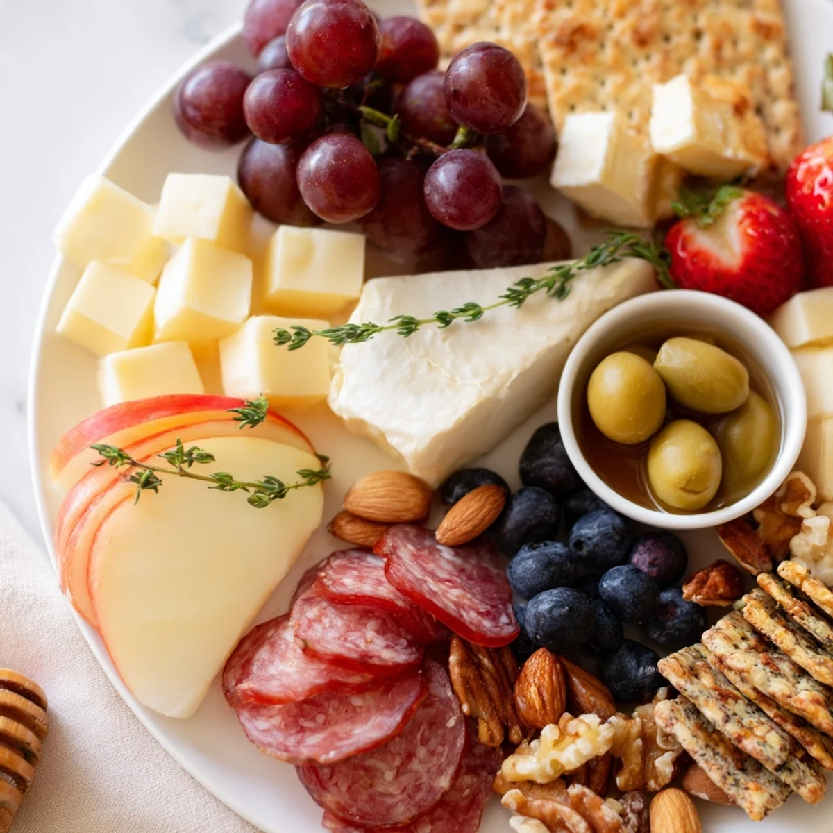 A beautiful Girl Dinner charcuterie snack board overflowing with creamy cheeses and savory meats.