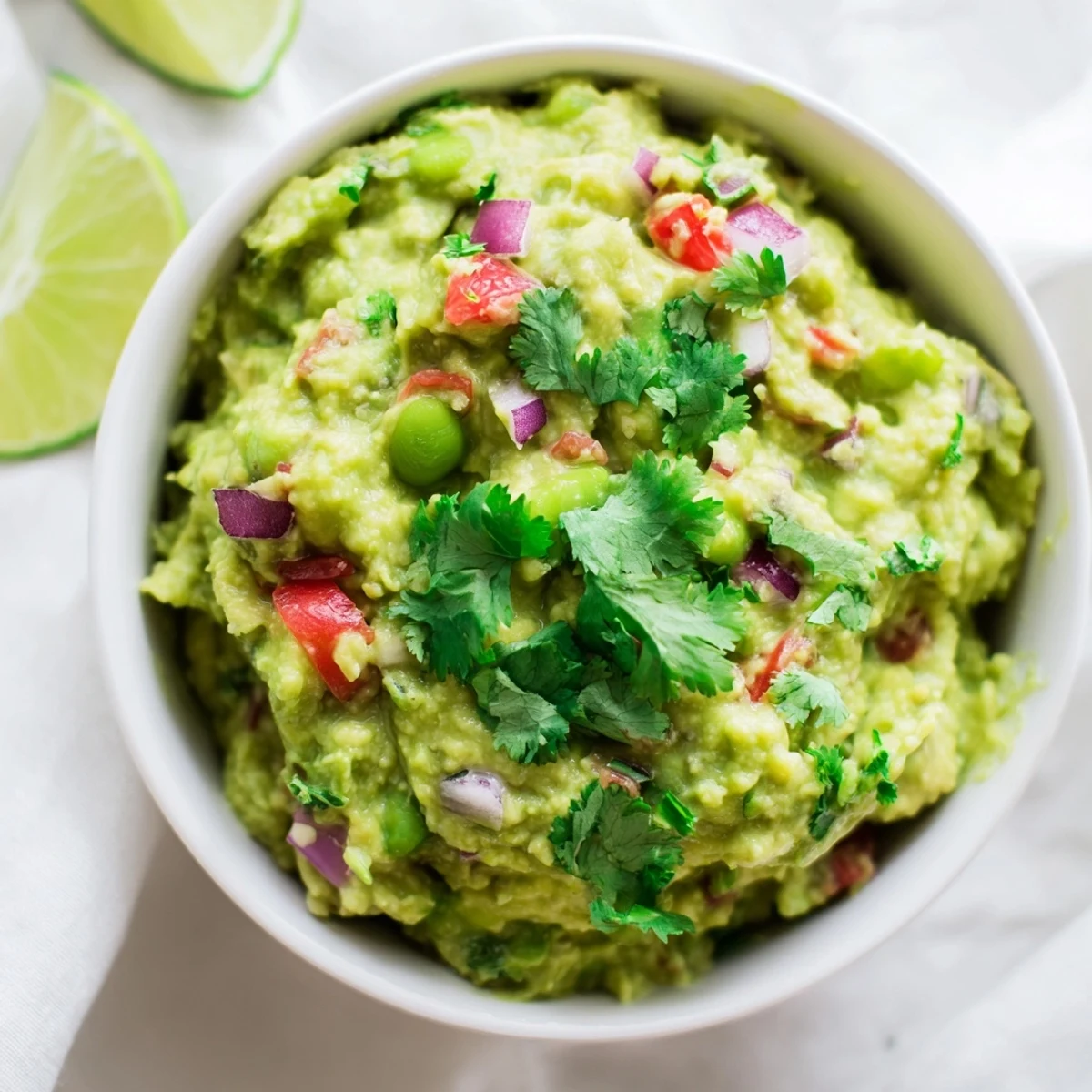 This photo features delicious edamame guacamole with colorful tomatoes and red onion, a vegan delight.