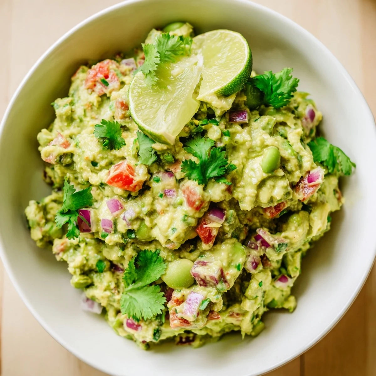 Freshly made edamame guacamole garnished with cilantro, a healthy and delicious Mexican-inspired appetizer.