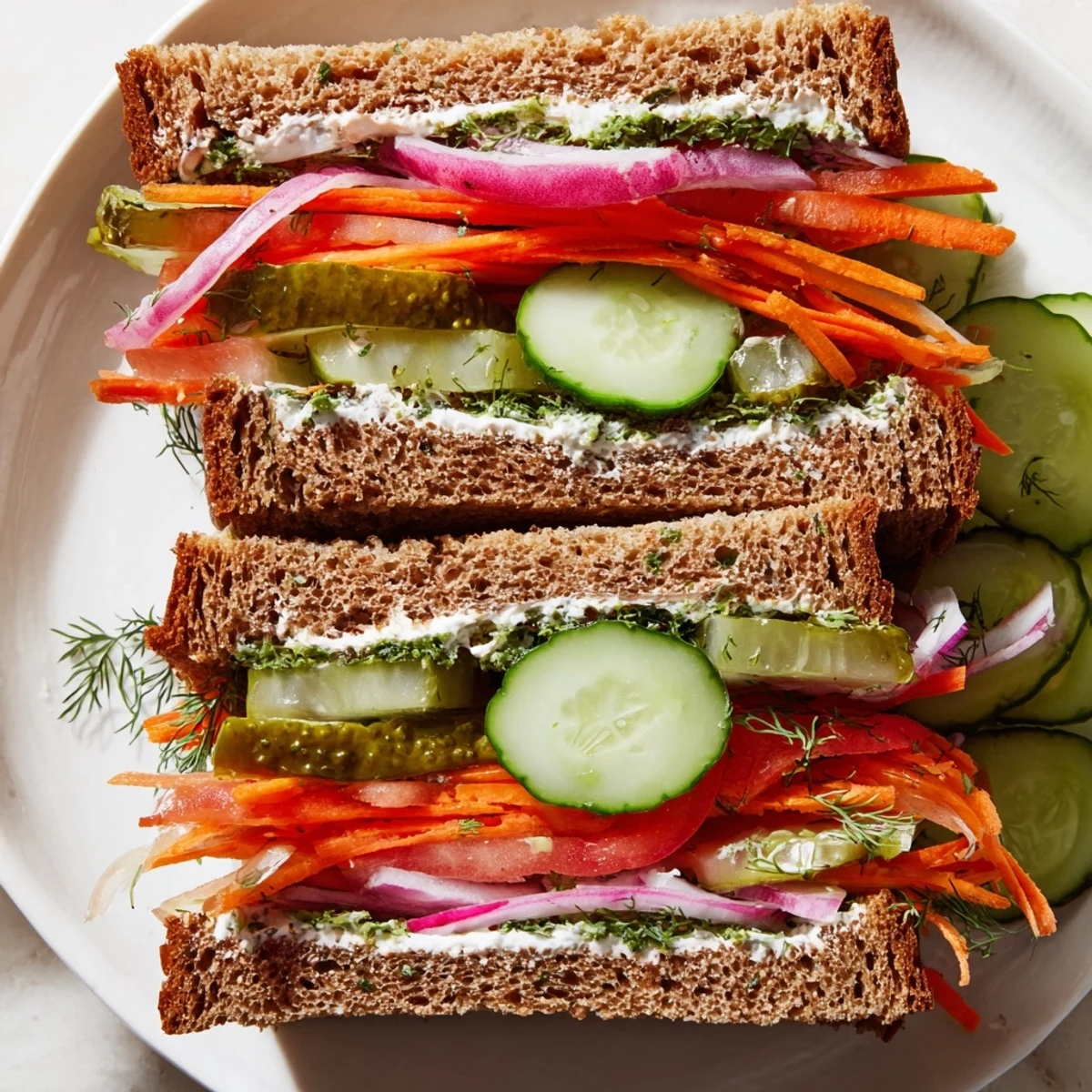 Image: a beautifully stacked, delicious crunchy dill pickle sandwich filled with fresh vegetables and creamy spread.