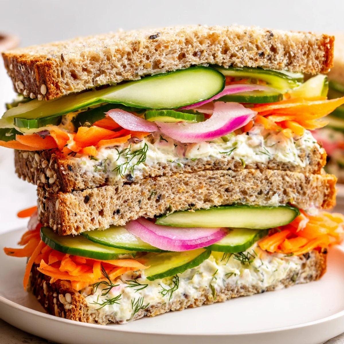 Thickly sliced crunchy dill pickle sandwich ready to eat, boasting layers of creamy fillings and textures.