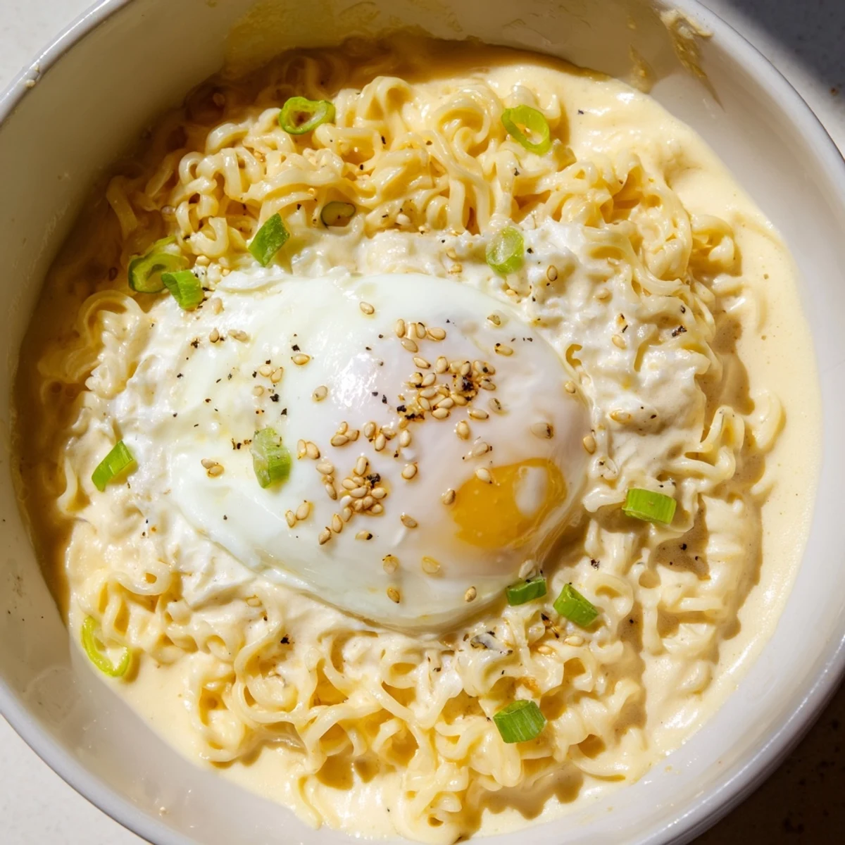 A steaming bowl of Instant Cheese Ramen, creamy with melted cheese and a soft-poached egg.