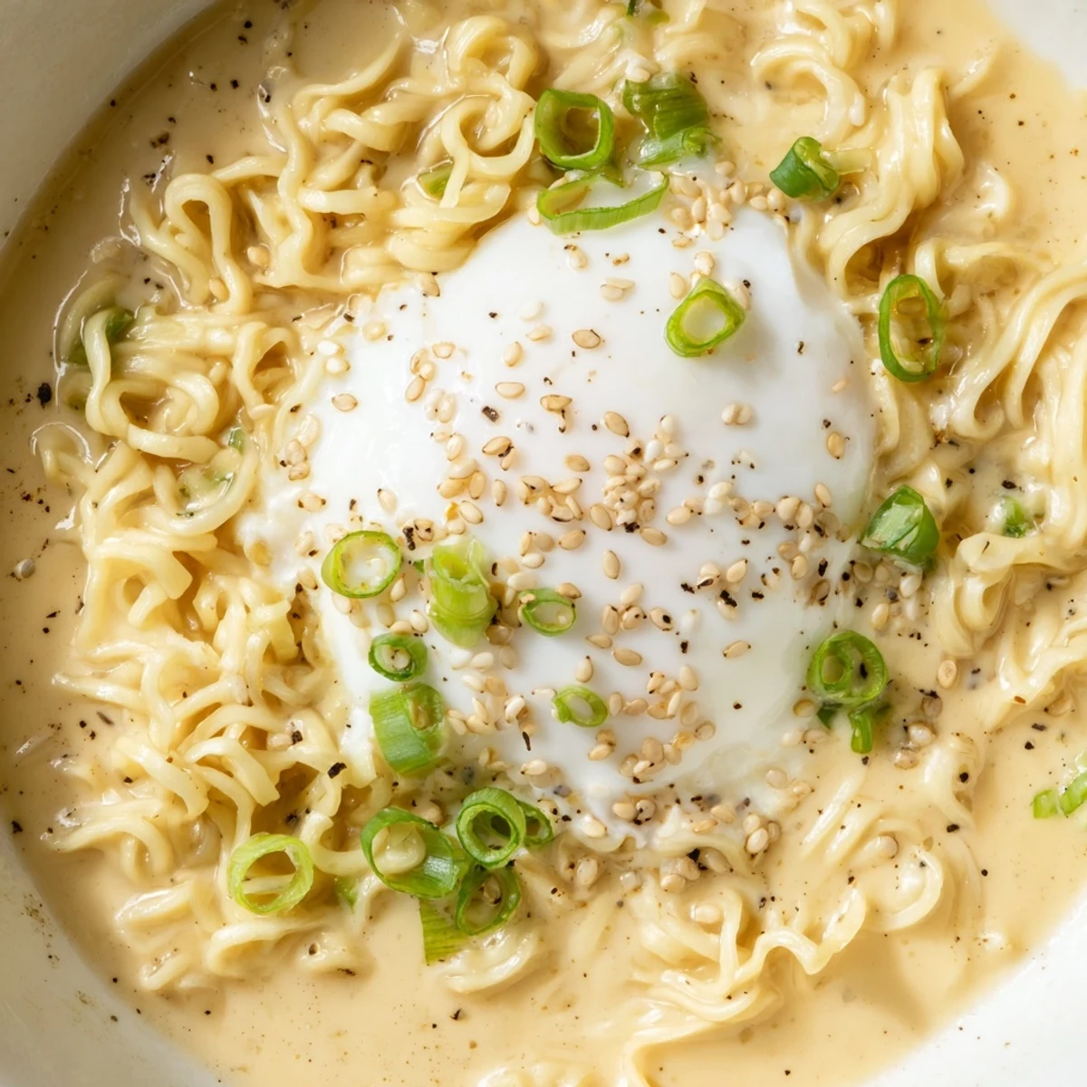 Flavorful Instant Cheese Ramen garnished with green onions and sesame seeds, ready to eat.