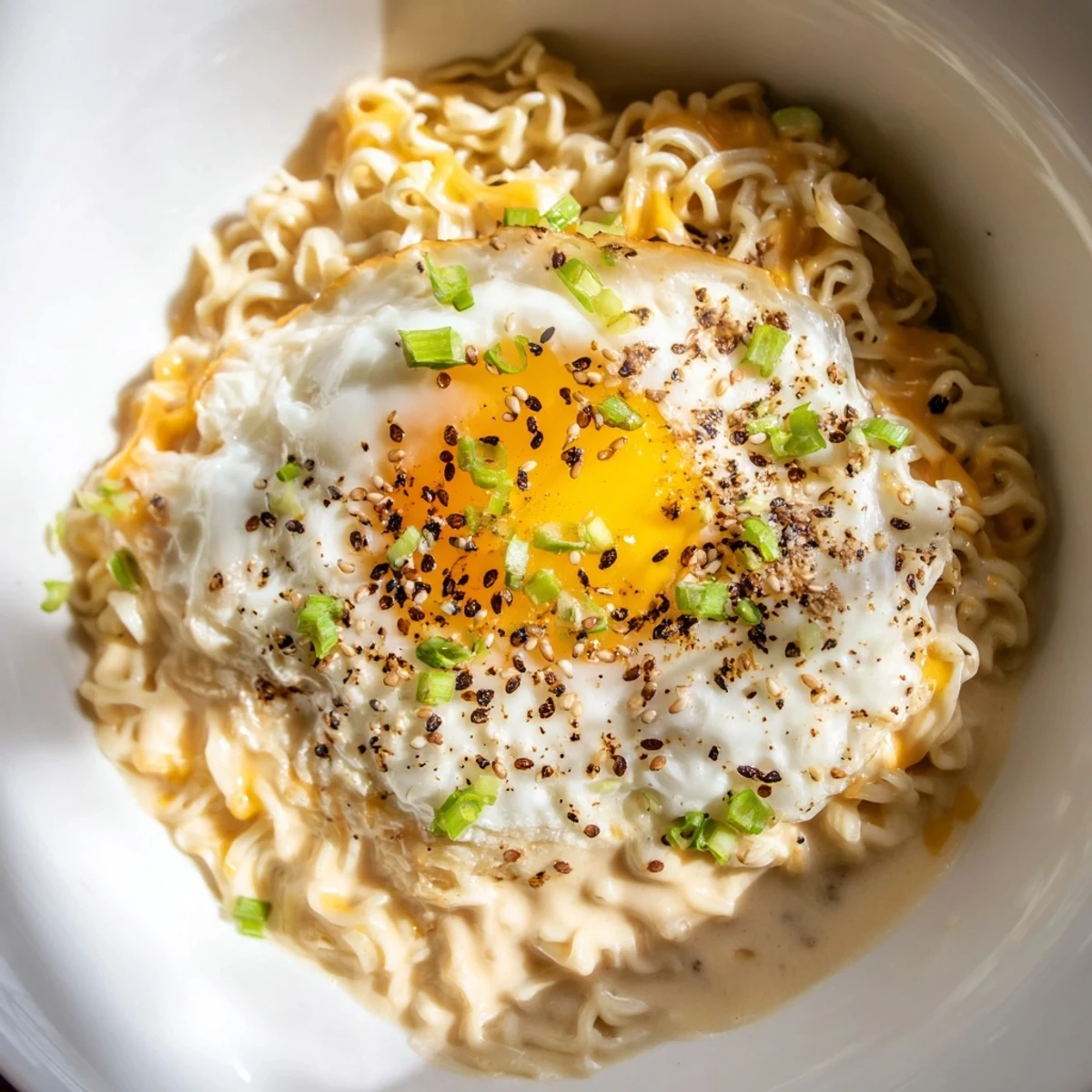 Close-up of bubbling Instant Cheese Ramen, showcasing the cheesy sauce with ramen noodles.