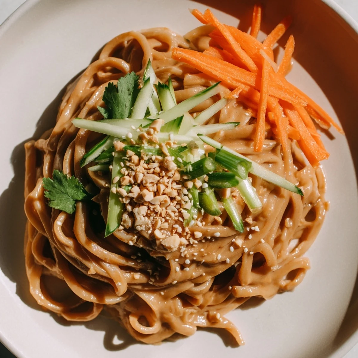 Cold sesame noodles, a colorful bowl of chilled noodles with vibrant vegetable toppings and nutty sauce.